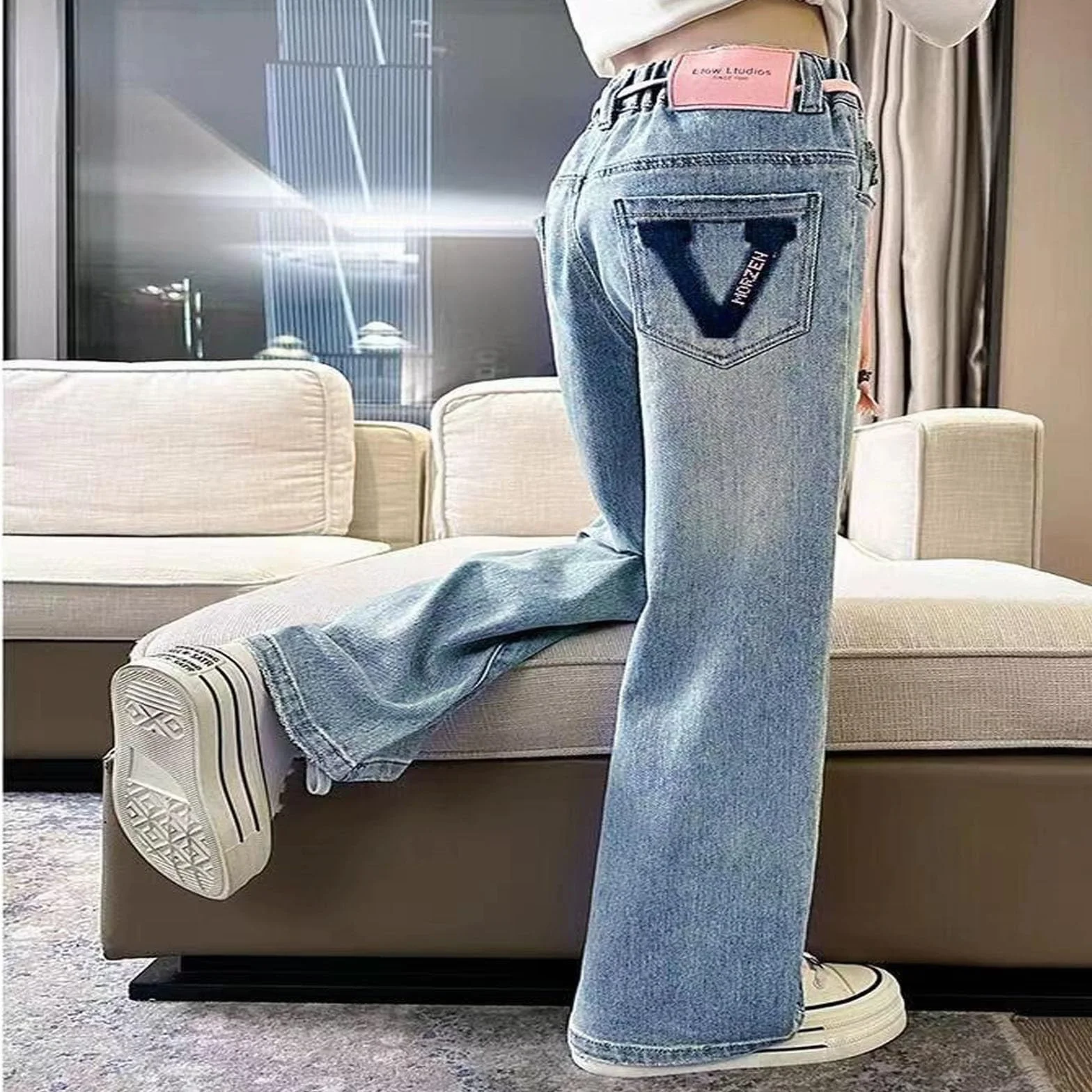 Jean pour fille Coupe droite Taille élastique Confortable Printemps été