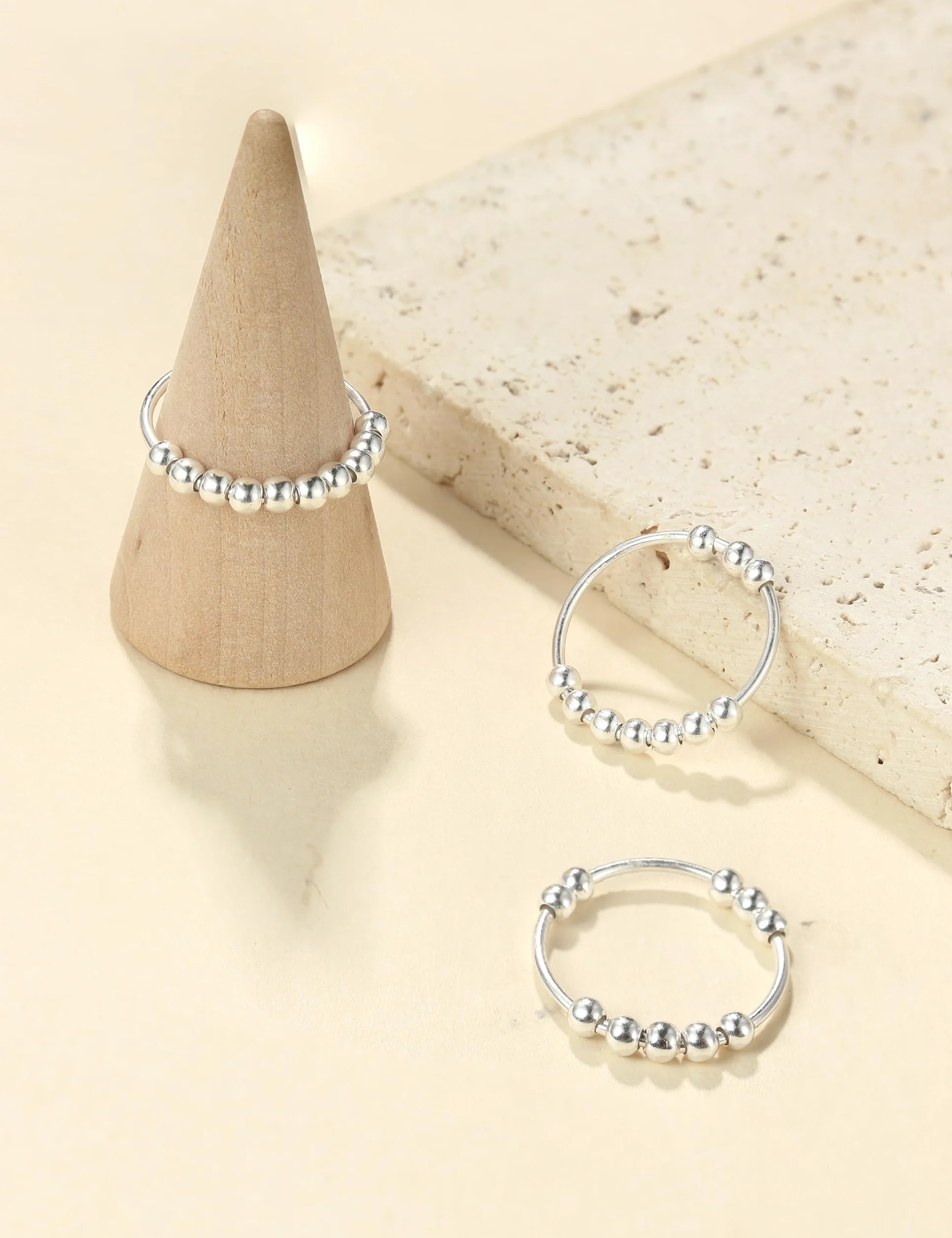 Fidget Bague Argent Sterling 925 Femmes Perles Anneau Spinner Anti Stress