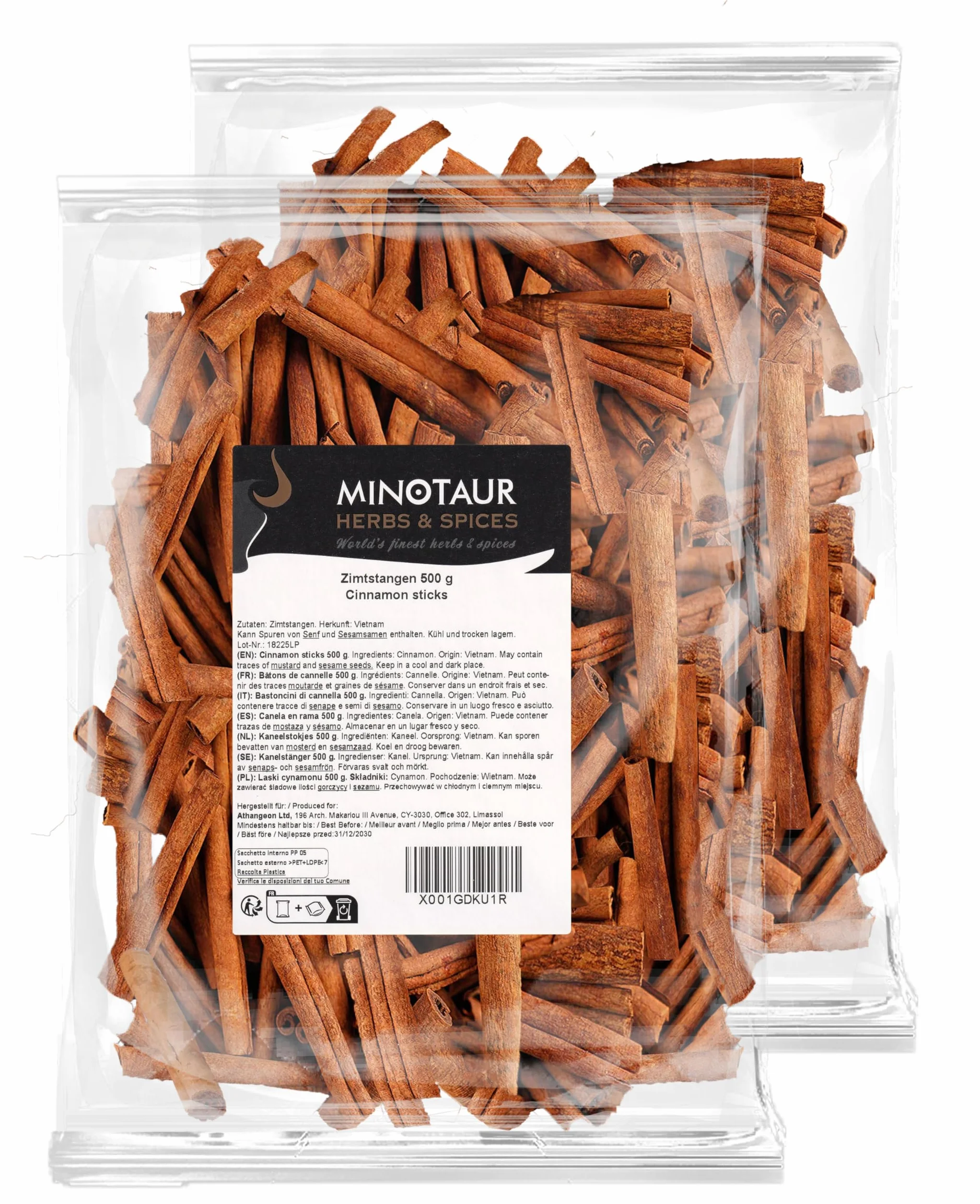 Minotaur Spices | Bâtons de cannelle 2 x 500 g (1 Kg) | env. 160-170 pièces | env. 8 cm de long