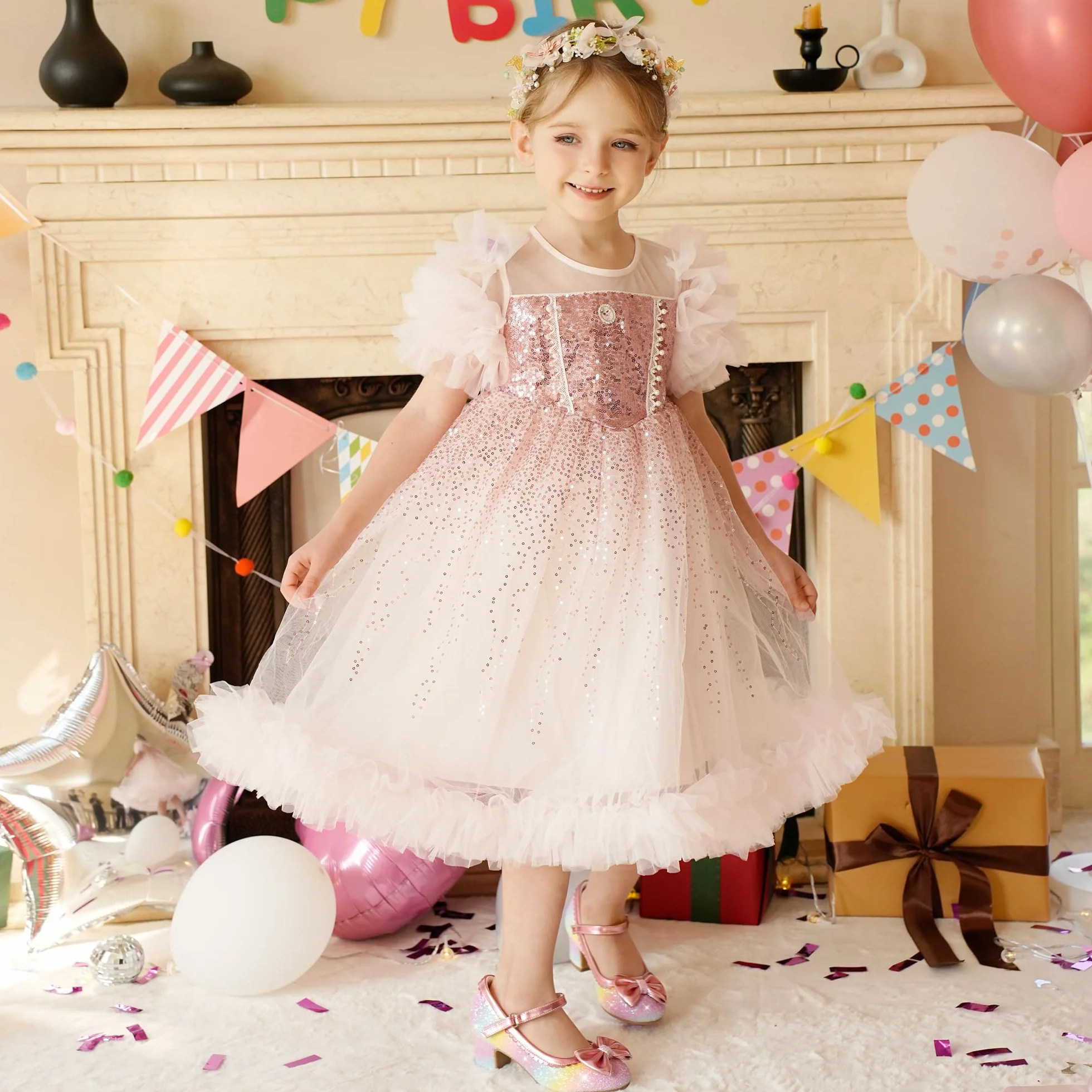 LAURMOSA Nœud Paillettes Chaussure Princesse Fille Mary Jane Talon Enfant Fête Cérémonie