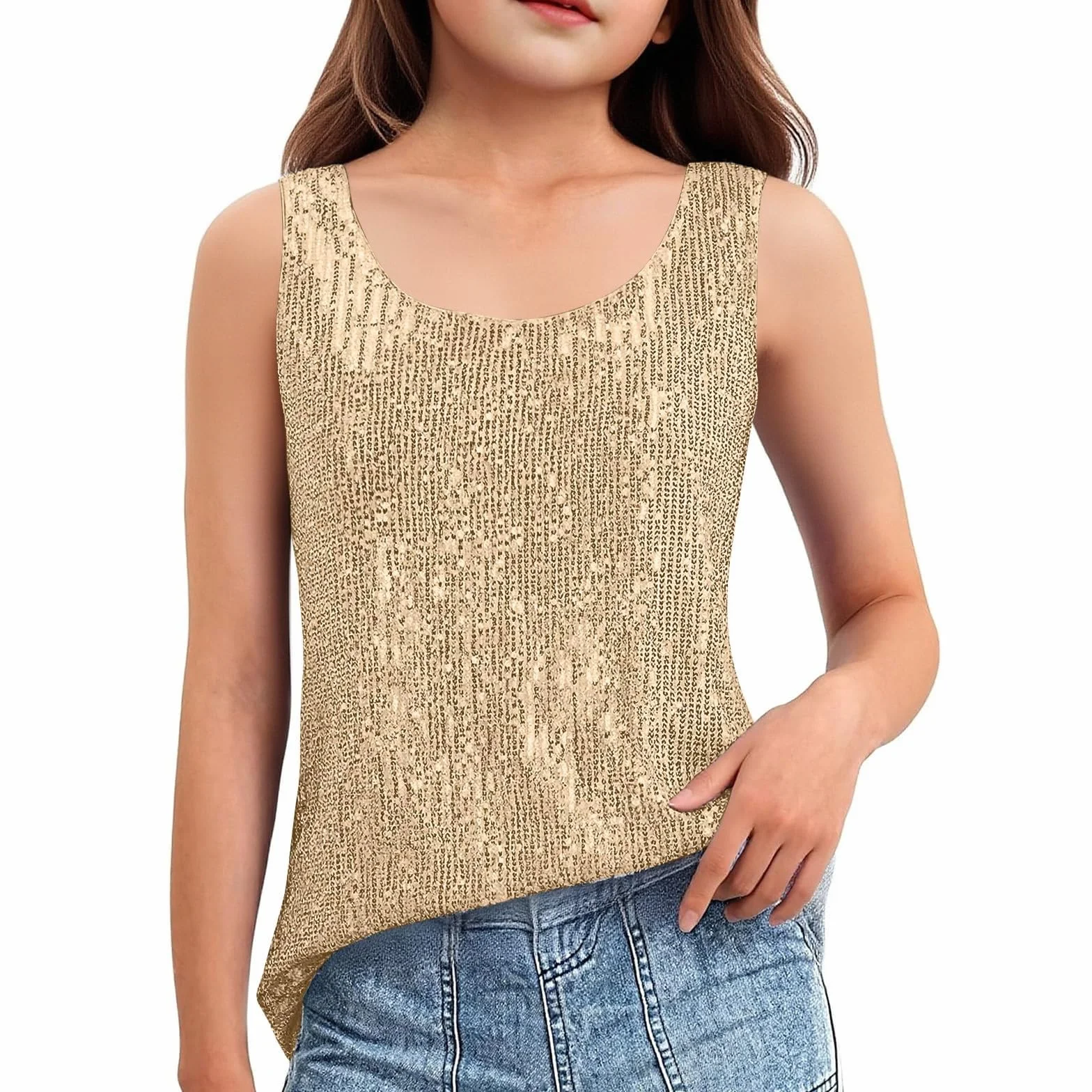 Débardeur sans Manches Col Rond Paillettes pour Fille Tendance Été