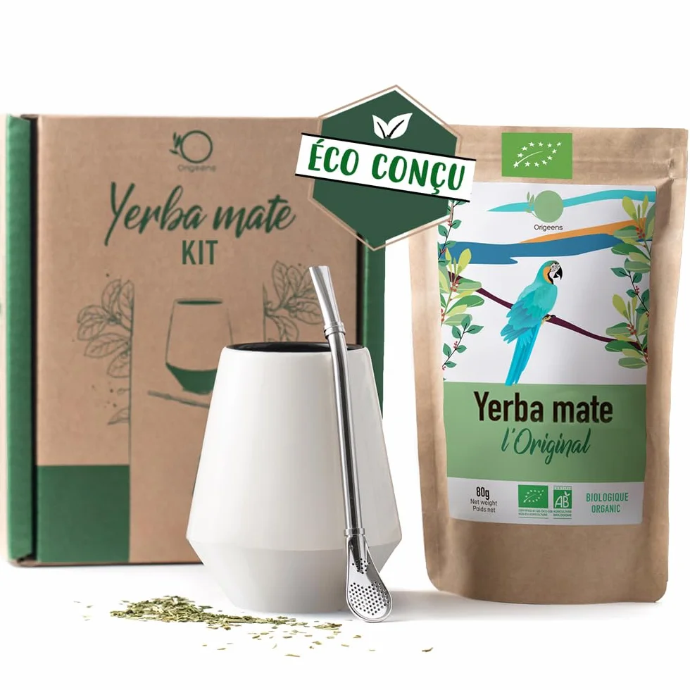ORIGEENS CALEBASSE MATÉ - Conditionné en France - Kit Mate Complet avec Tasse Maté Céramique Artisanale (Portugal), Bombilla, Yerba Mate BIO inclus - Coffret Cadeau