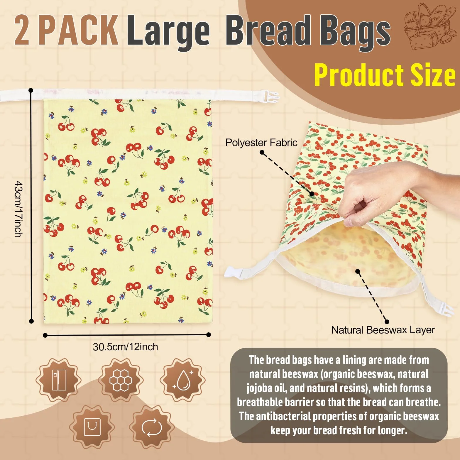 2 Pcs Sacs a Pain Tissu Réutilisables en Polyester avec Doublure en Cire d'abeille Sac à Pain pour Conserver le Pains Beeswax Bread Bag Conservation Croissant Baguette Fruits Légumes-43*30cm(Cerises)