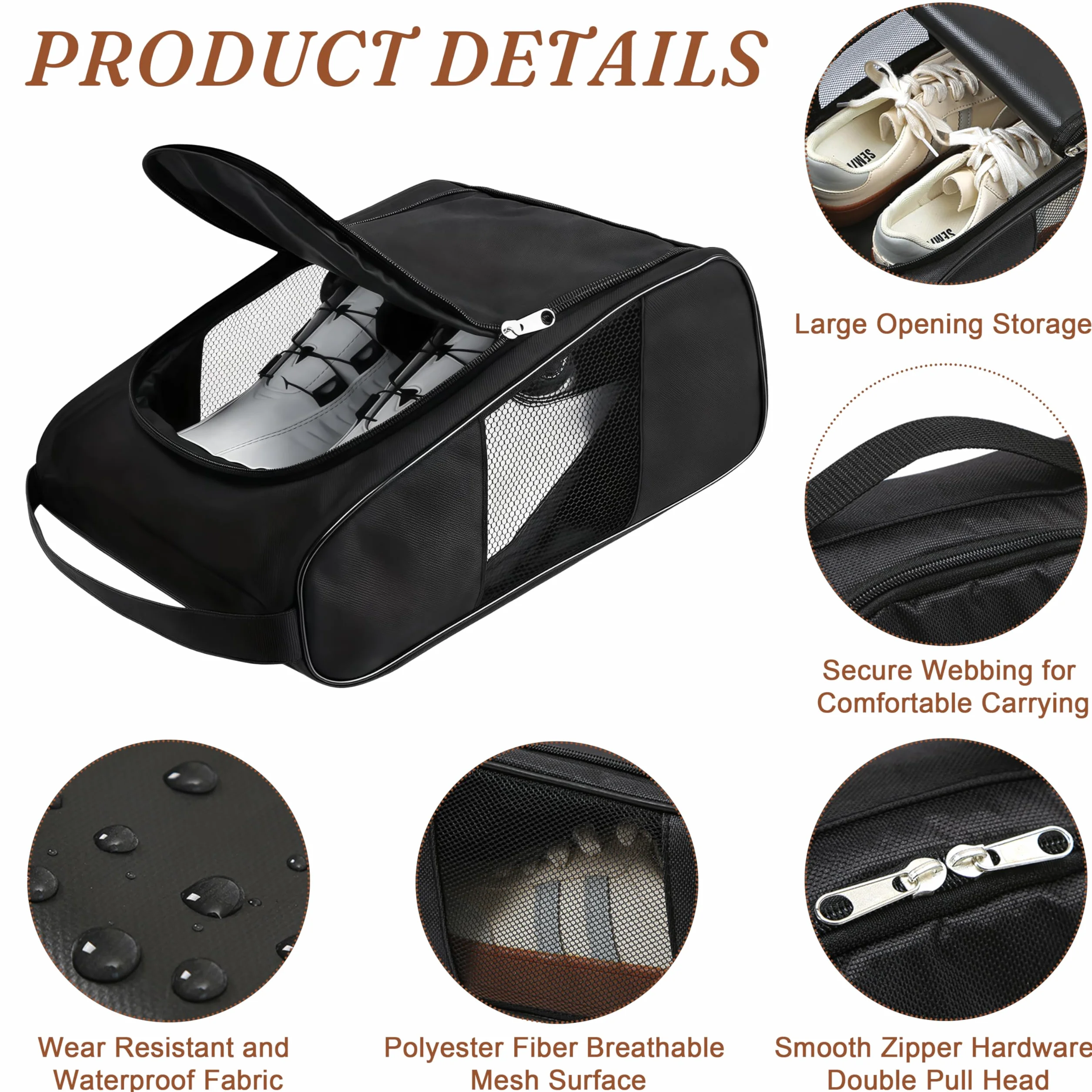 Sac Chaussures Voyage 2 Pièces Respirant Lavable Portable Chaussures de Golf Noir