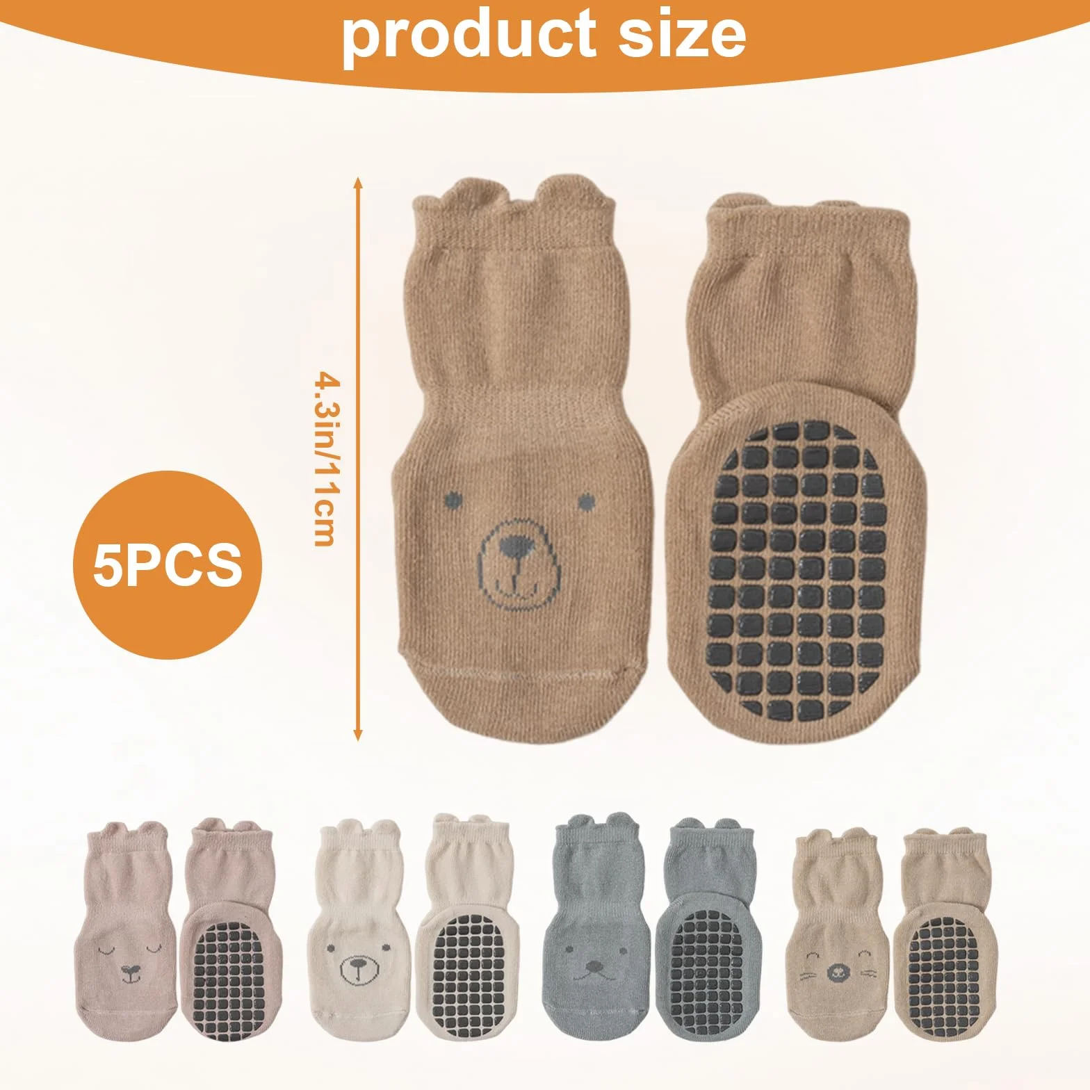 Chaussettes Antidérapantes Bébé, Chaussette Bebe en Silicone, 5 Paires, Motifs Intéressants