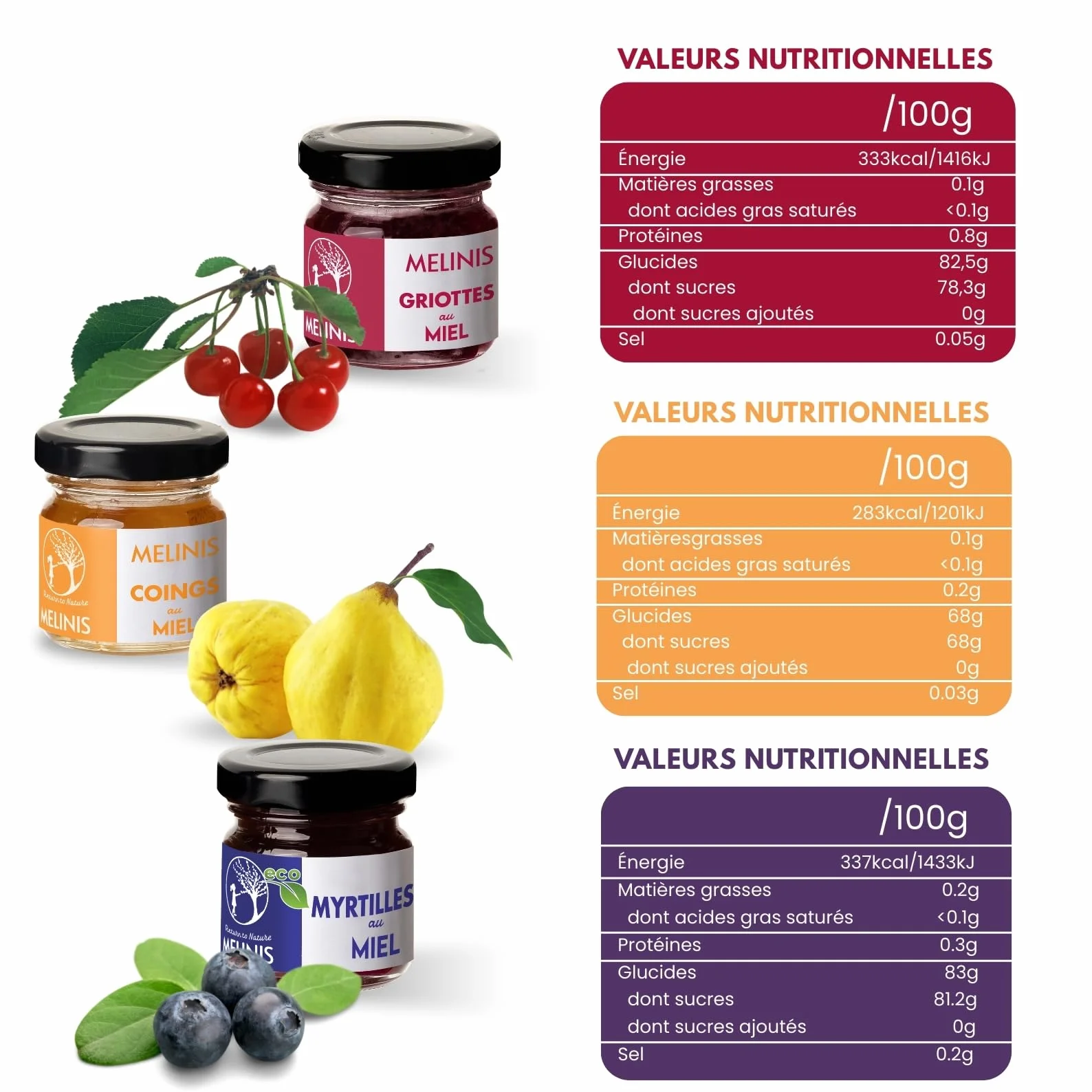 Coffret Dégustation 3 × 40 g – Miel Bio Tartinable aux Myrtilles, Coings Bereczki et Griottes – Sans Sucre Ajouté – Tartinables Naturels pour Petit-Déjeuner, Snacks et Cadeau Gourmet – Melinis