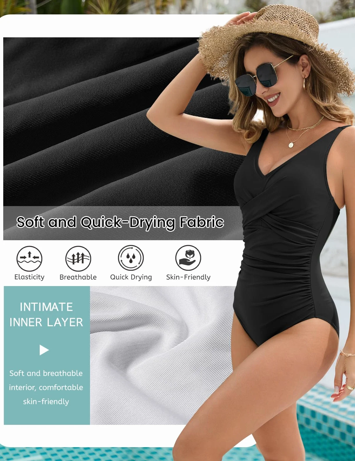 Maillot de Bain Femme 1 Pièce Gainant Ventre Plat Sexy Col en V Swimsuit Push Up Amincissant Monokini