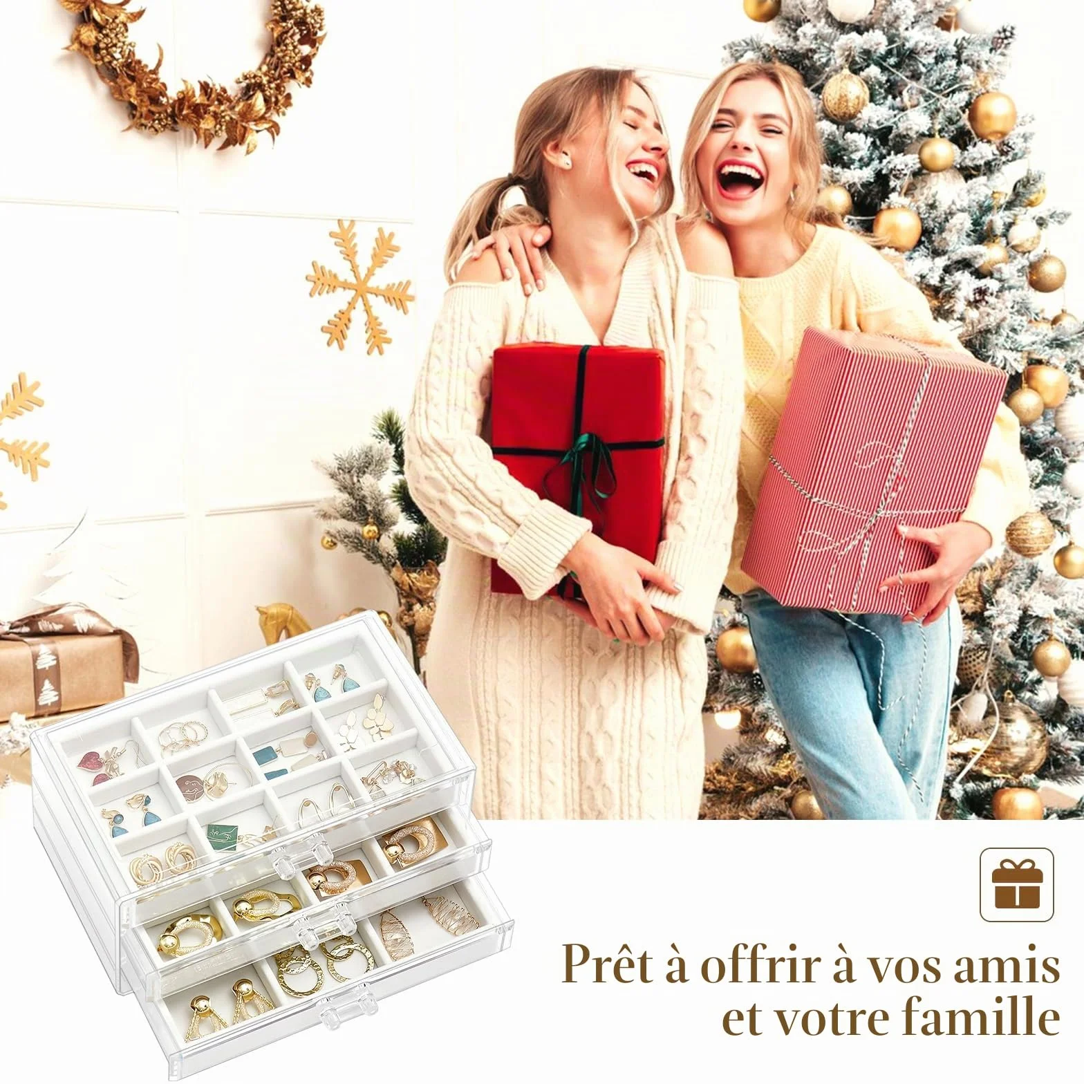 Procase Boîte à Bijoux Transparente 3 Plateaux Tiroir avec Séparateurs Amovibles Rangement Bijoux Acrylique Blanc