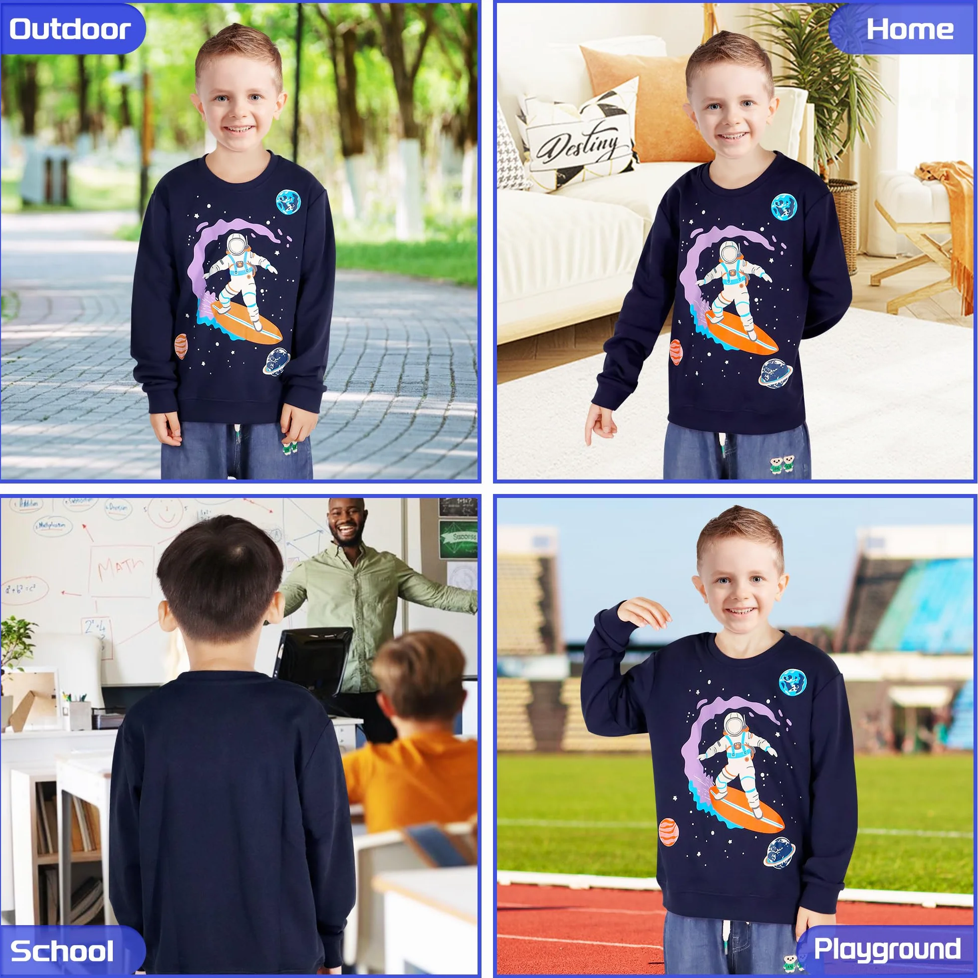 Sweatshirt Garçon Enfant Pull Coton Col Rond Manches Longues Dinosaure, Casual Jumper 2-7 Ans Bleu Marine