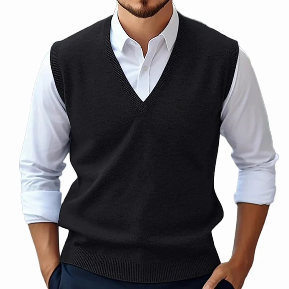 Pull en Tricot pour Homme Gilet Col en V sans Manches Classique Slim Fit Business
