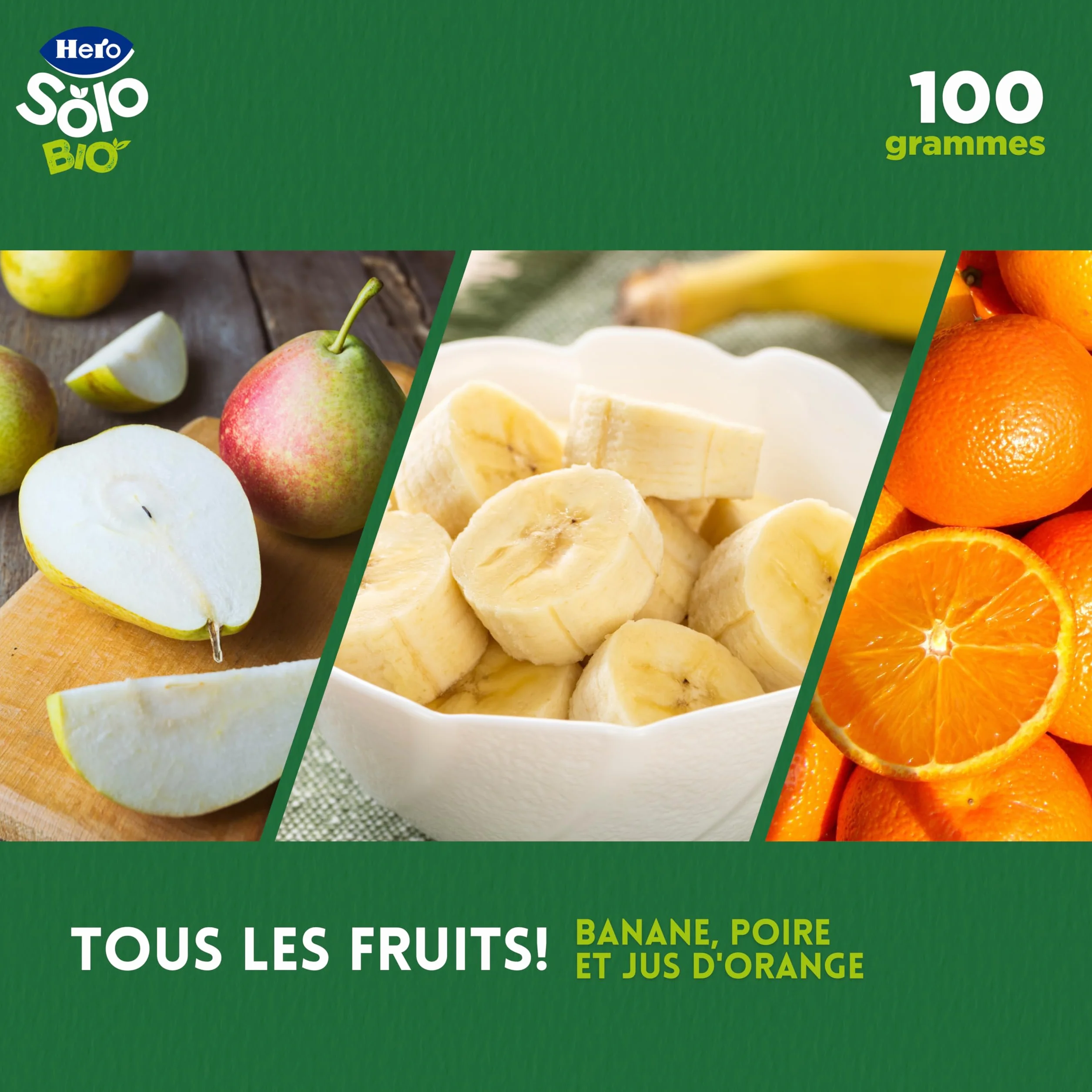 Hero Solo - Gourde Bio De Banane, Poire et Orange – Puree de Fruits BIO 100% Naturels, Compote Sans Sucre Ajouté, Sans Gluten - pour Bébés Dès 4 Mois - Lot de 18 X 100 g