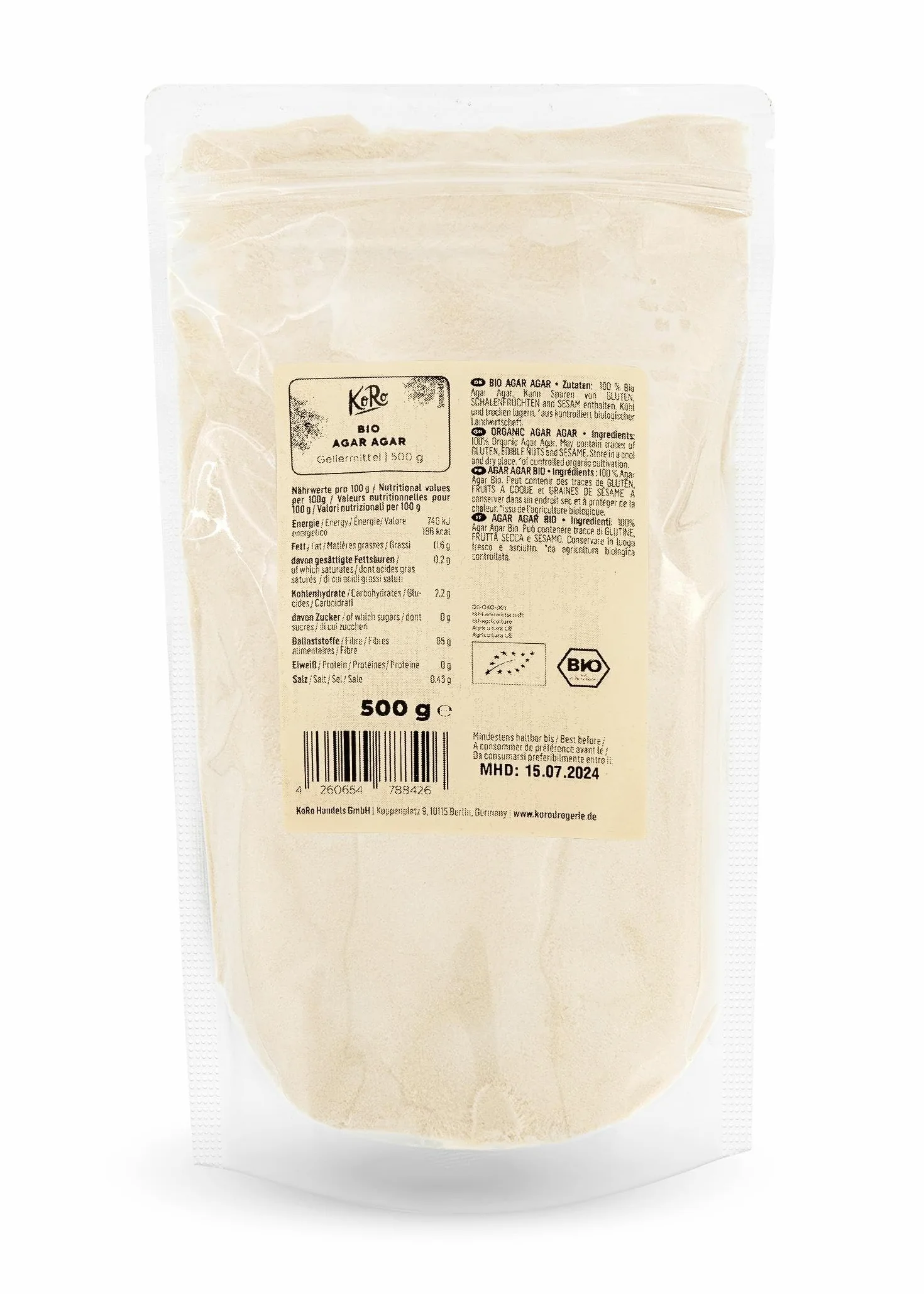 KoRo - Agar Agar bio 500 g - Pur végétal - Parfait pour épaissir et gélifier - Alternative à la gélatine - Extrait d'algues