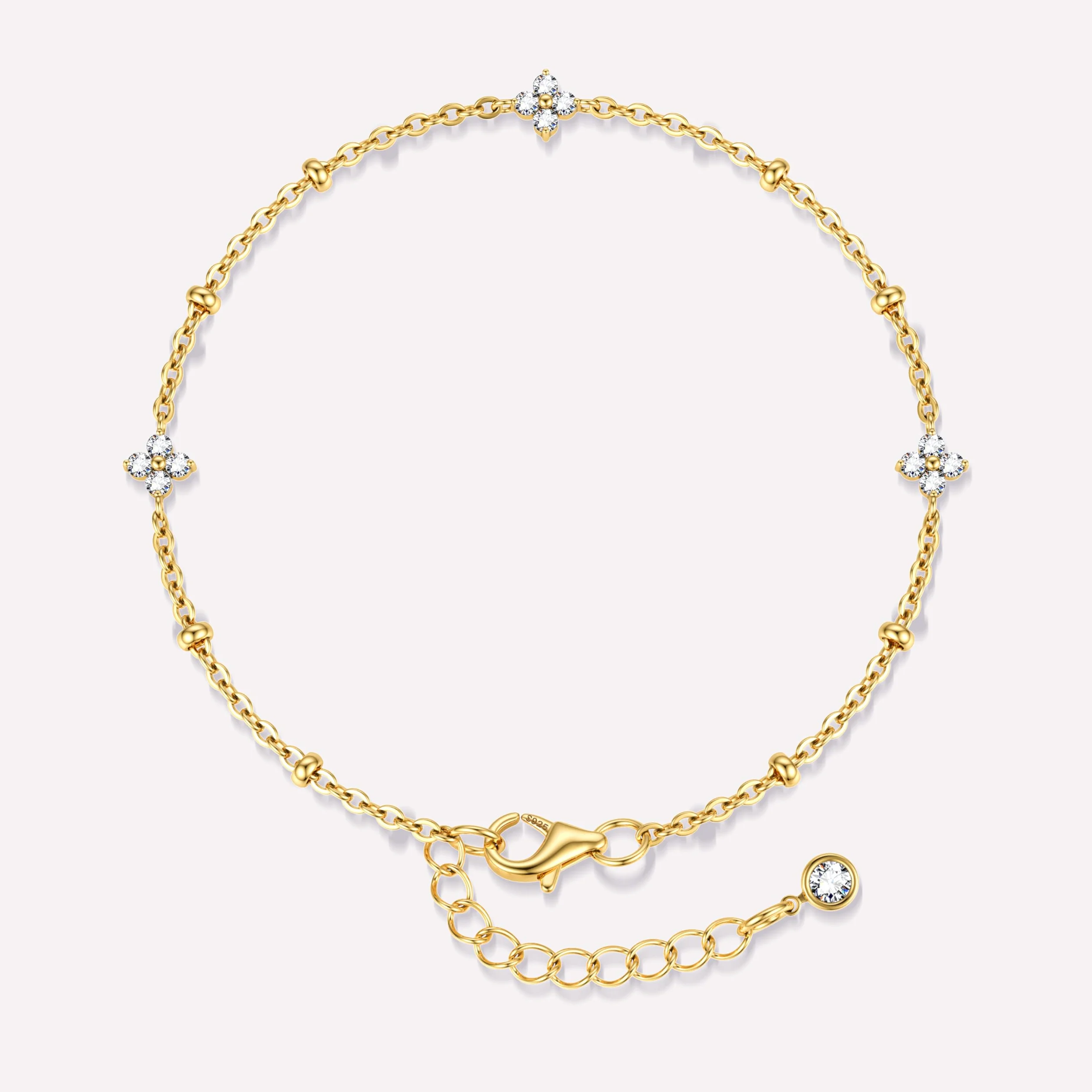 LOLIAS Bracelet Femme Argent 925 Trèfle 4 Feuilles Réglable Plaqué Or 14K Perle Boules Bijoux Cadeau 16cm+5cm