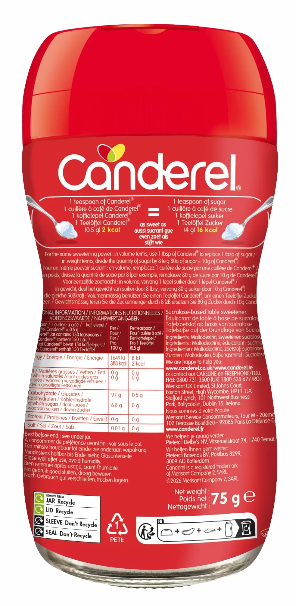 Canderel - Sucralose - Poudre - Faibleteneur en calories - Édulcorant | Pot 75g