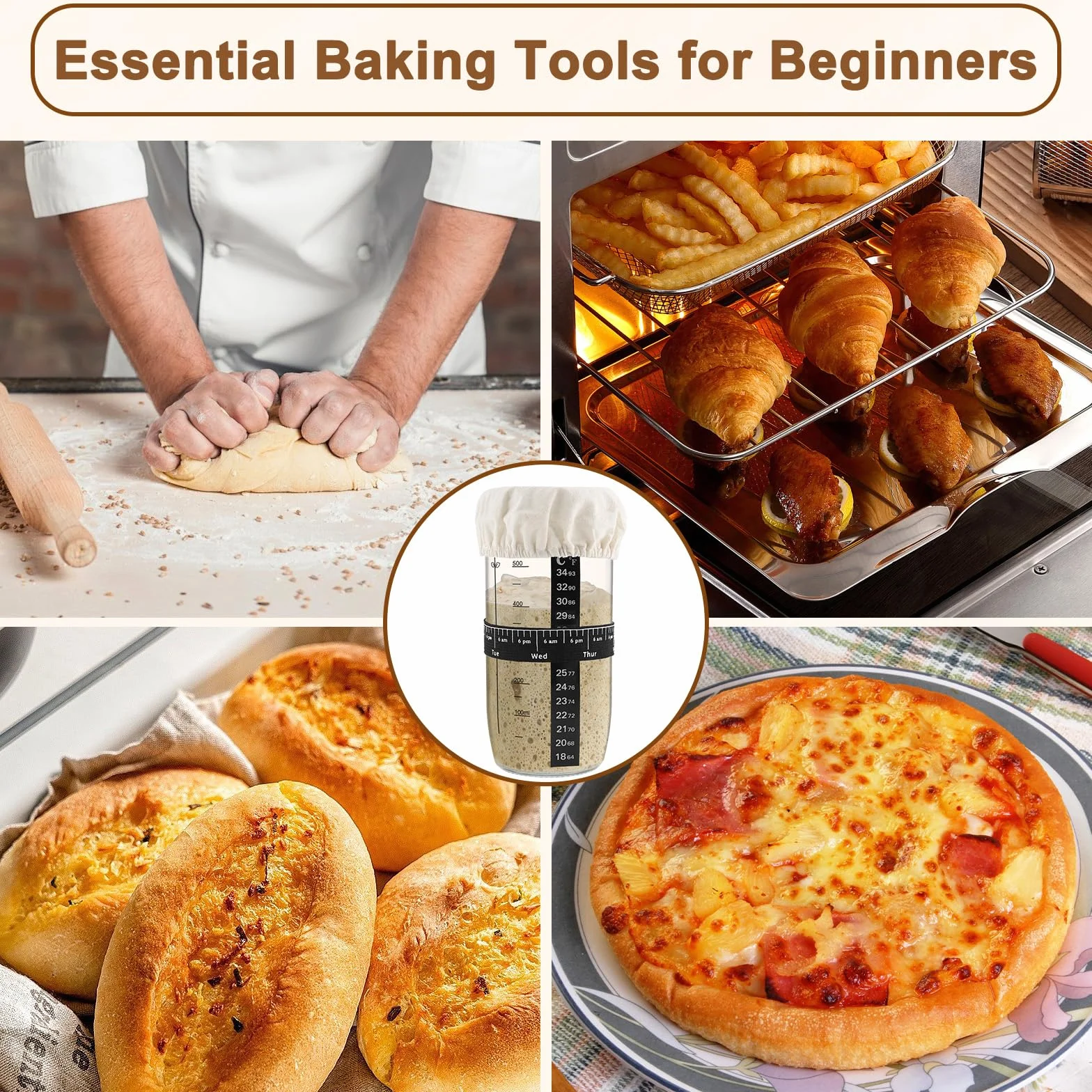 Kit Pain au Levain 730 ml – 8 pièces incluant bocal en verre, récipient de fermentation, spatule, ruban de marquage, couvercle en tissu cousu – Parfait pour le démarrage du levain