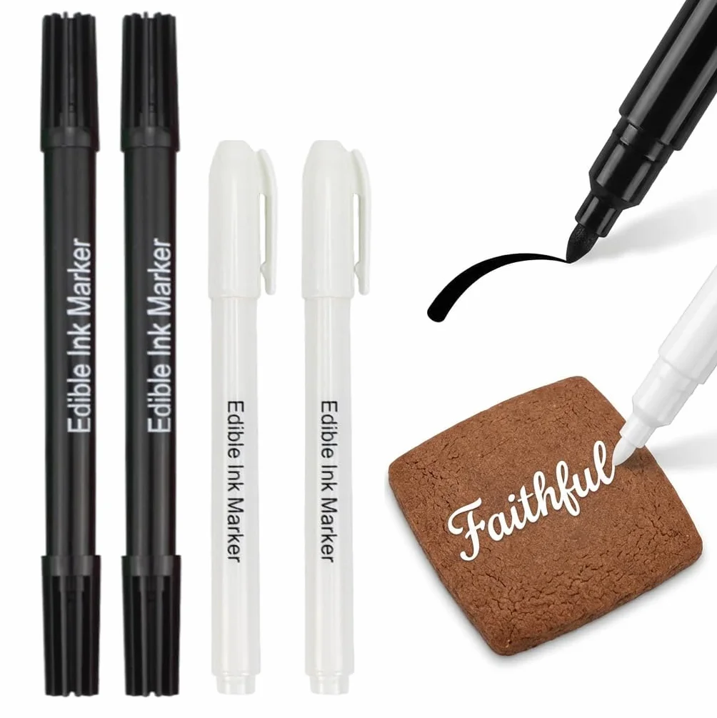 4 Feutre Alimentaire, Stylo Alimentaire Noir et Blanc Pâtisserie, Colorant Alimentaire Blanc Noir pour Décoration Gâteaux Biscuits Fondants Desserts DIY, Occasions Festives Occasions Festives