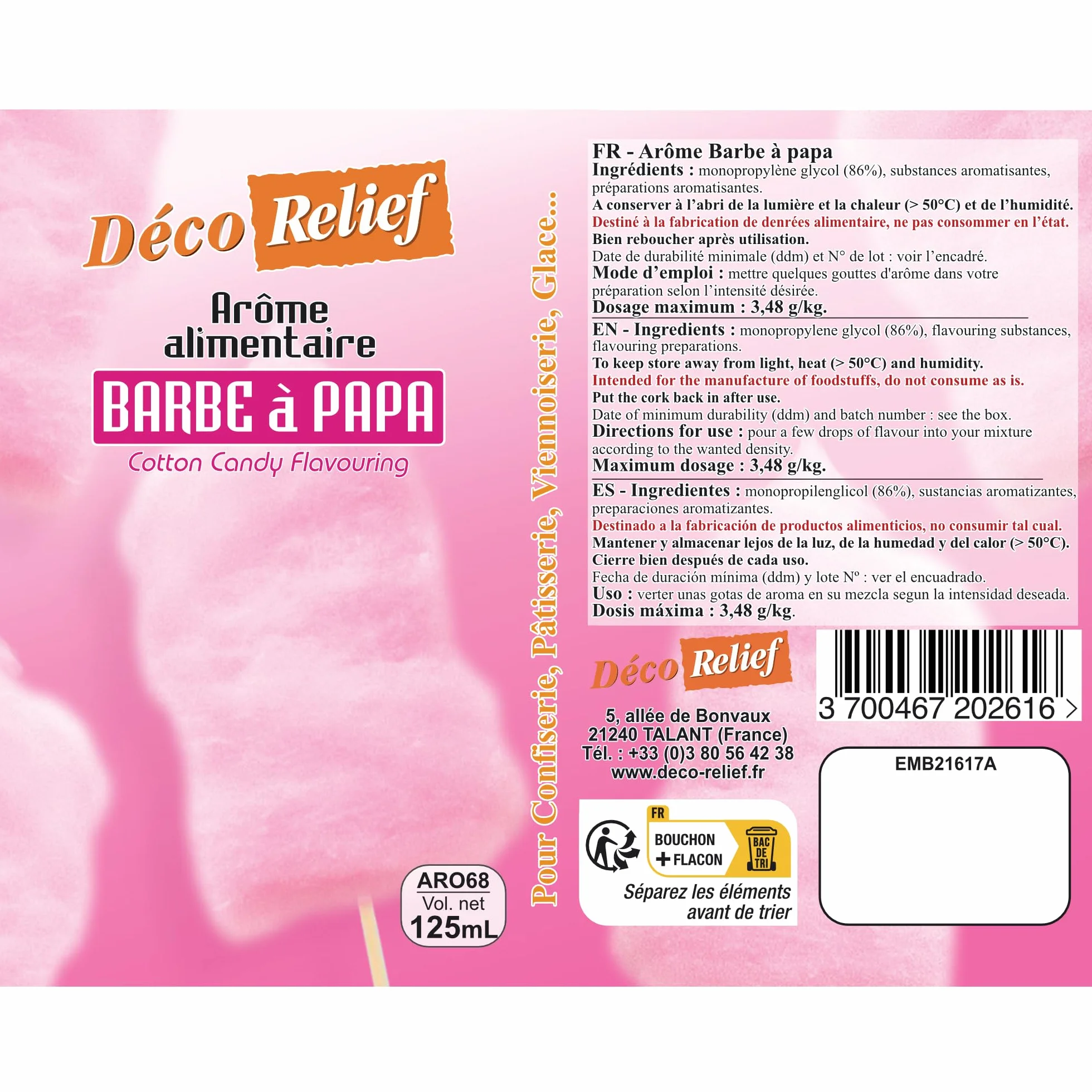 Déco Relief - Arôme Liquide Barbe à Papa 125 ml - Arôme Alimentaire Pâtisserie & Yaourtière - Pour Gâteaux, Pâtisseries, Yaourts - Arôme Concentré - Barbe à Papa Fraise - ARO68.