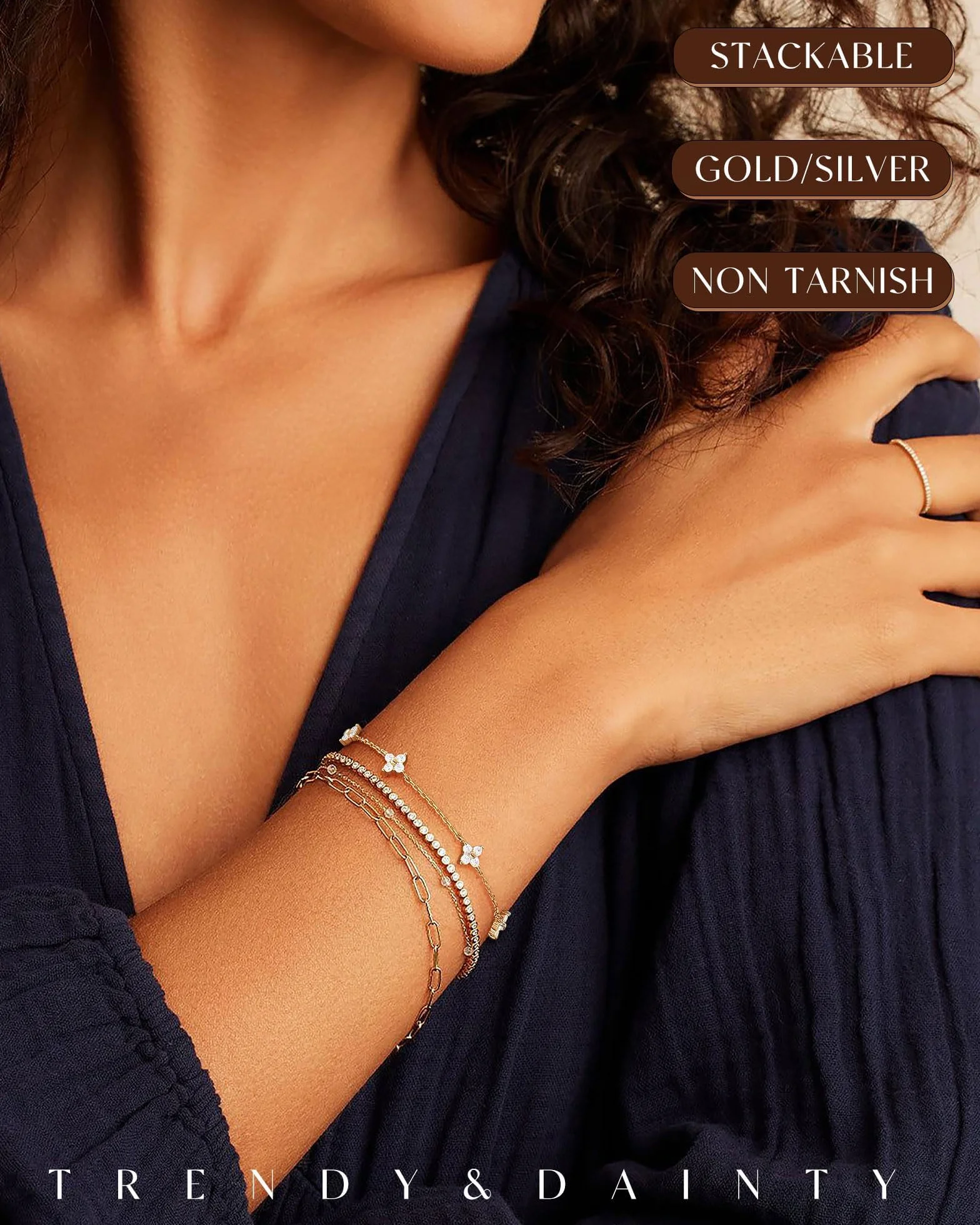 Bracelet Femme Argent 925 Or 14k Plaqué Or Réglable Trèfle 4 Feuilles Croix Chrétienne Coeur Zircon Cubique