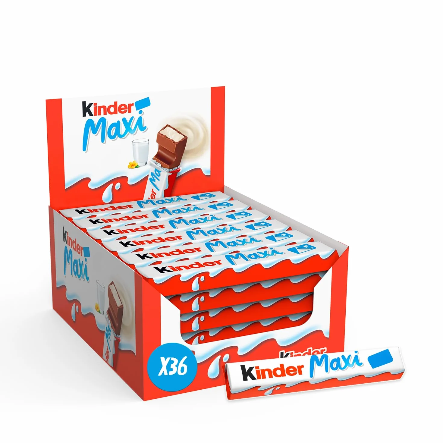 Kinder Maxi - Barre Chocolatée au Cœur de Lait fondant Enrobé de Chocolat Kinder - Goûter Fondant et Gourmand - Format Familial - 36 Barres