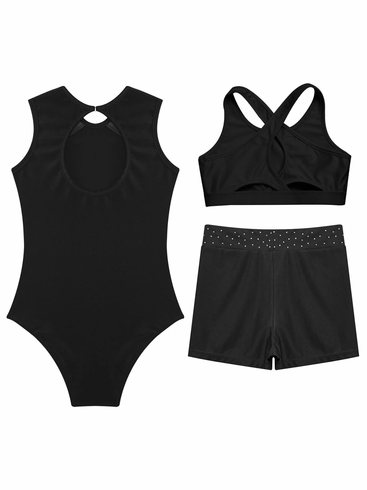 Oyolan Justaucorps Gymnastique Fille 3 Pièces avec Short Débardeur Tenue Danse Patinage