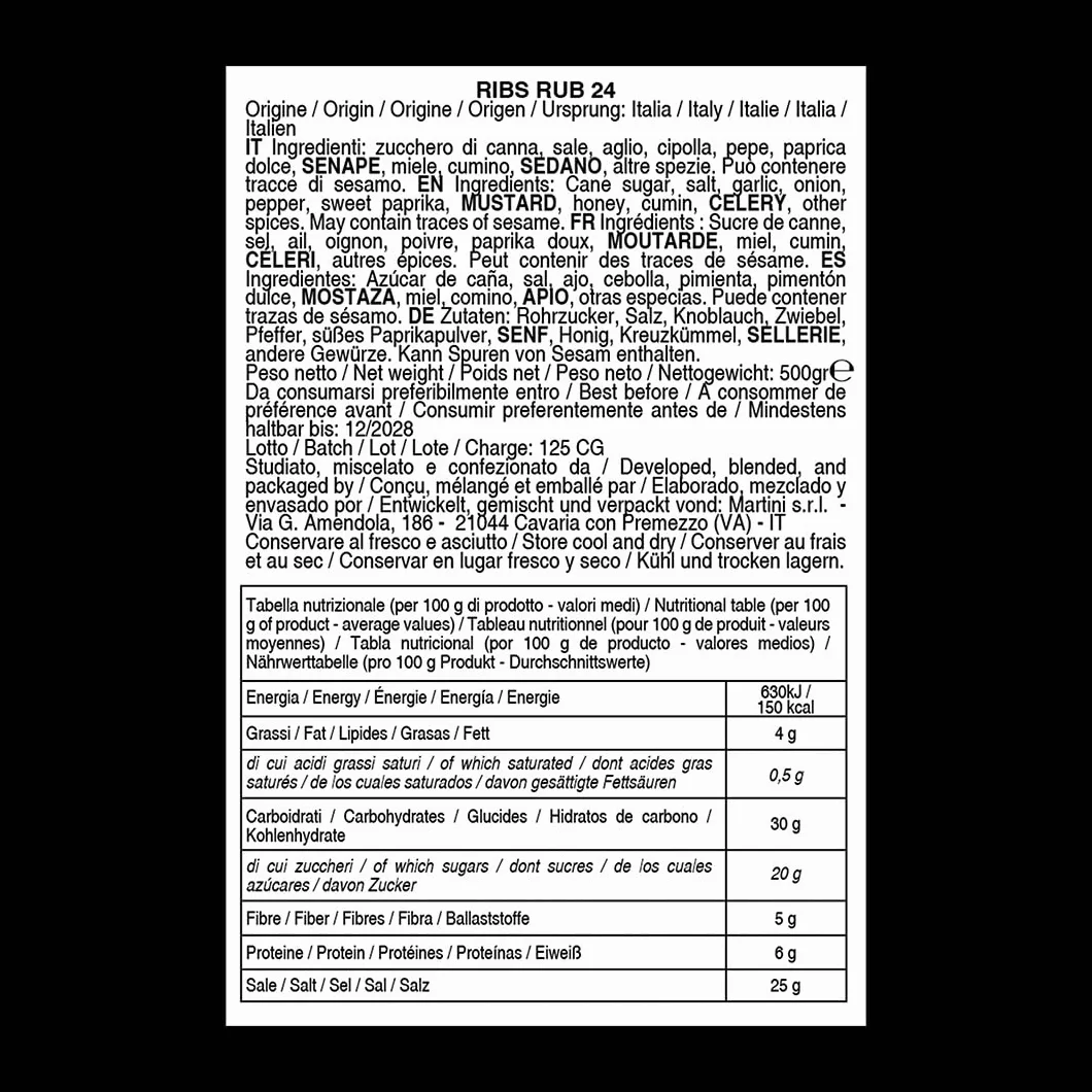 Rub BBQ Ribs 24 Bembo – 500 g - Mélange d’Épices pour Travers de Porc – Marinade Sèche Barbecue – Idéal Grill et Fumage – Made in Italy