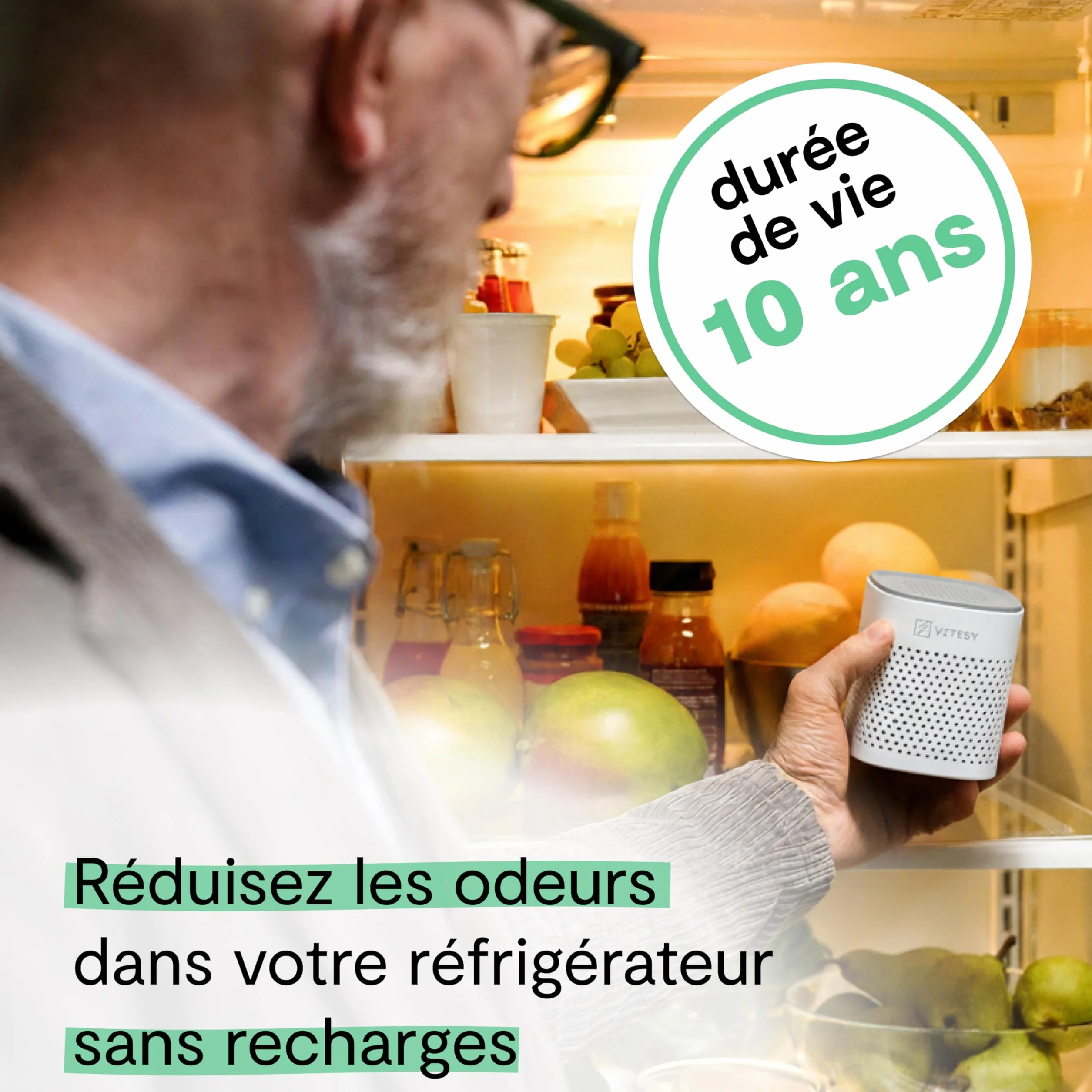 Vitesy Deo Absorbeur d'odeurs naturel pour réfrigérateur, voiture, armoire et chaussures | Élimine les odeurs sans recharge, réutilisable pendant 10 ans | Compact et portable