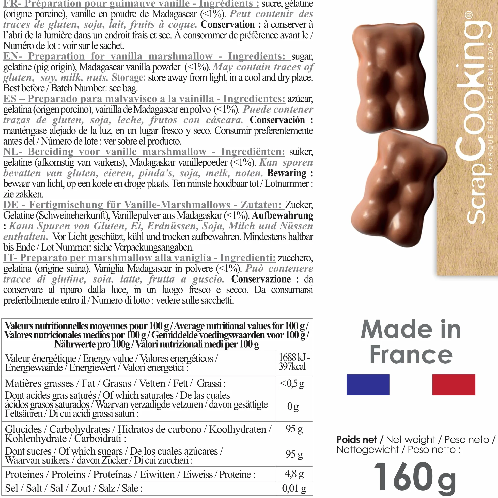 ScrapCooking - Préparation pour Guimauve Vanille 160 g - Mix pour Chamallow & Ourson Guimauve Maison - Vanille Bourbon de Madasgascar - Cuisine Pâtisserie - Fabriqué en France - 8555