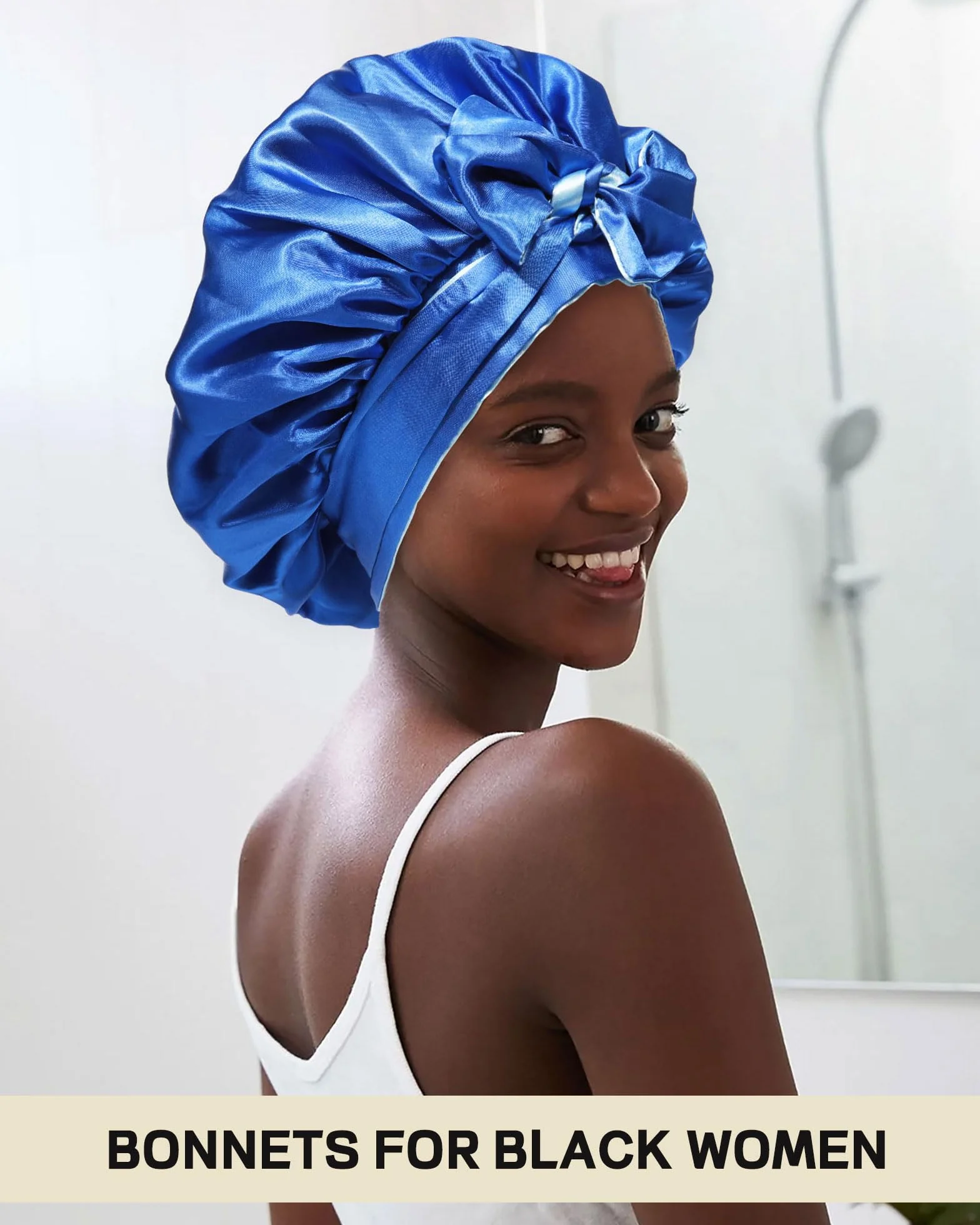 Bonnet en Satin pour Cheveux Bouclés Femmes Noires, Bandeau Réversible avec Nœud
