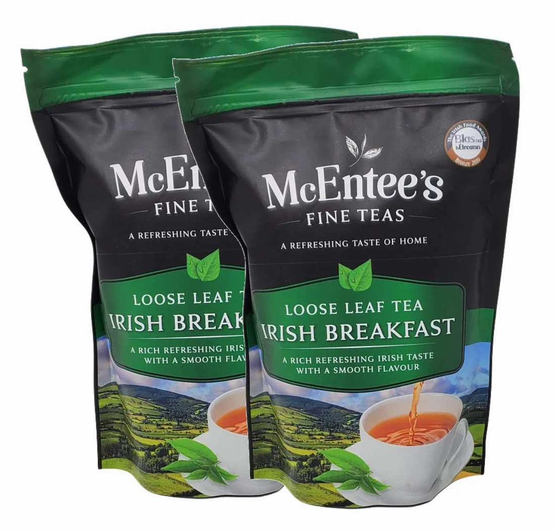 McEntee's Irish Breakfast Thé en vrac (Lot de 2) - Sachet de 250 g - Thé noir - Mélangé en Irlande - Thés de Ceylan et d'Assam