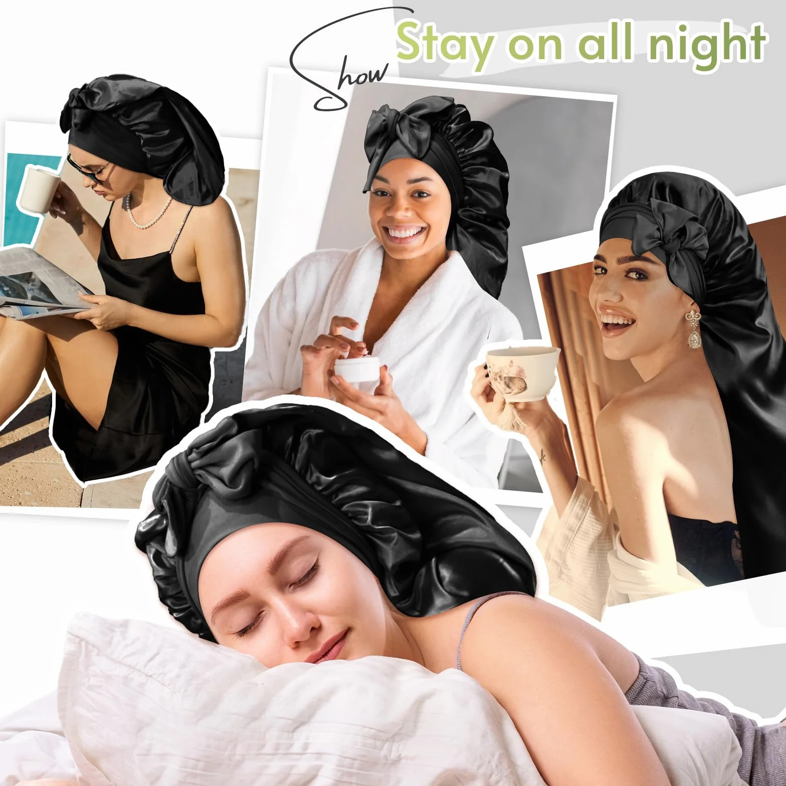 BONNET QUEEN Bonnet Satin Cheveux Longs Nuit Anti-Glisse avec Long Bandeau Réglable, Protection Anti-Frisottis pour Cheveux Très Longs, Noir