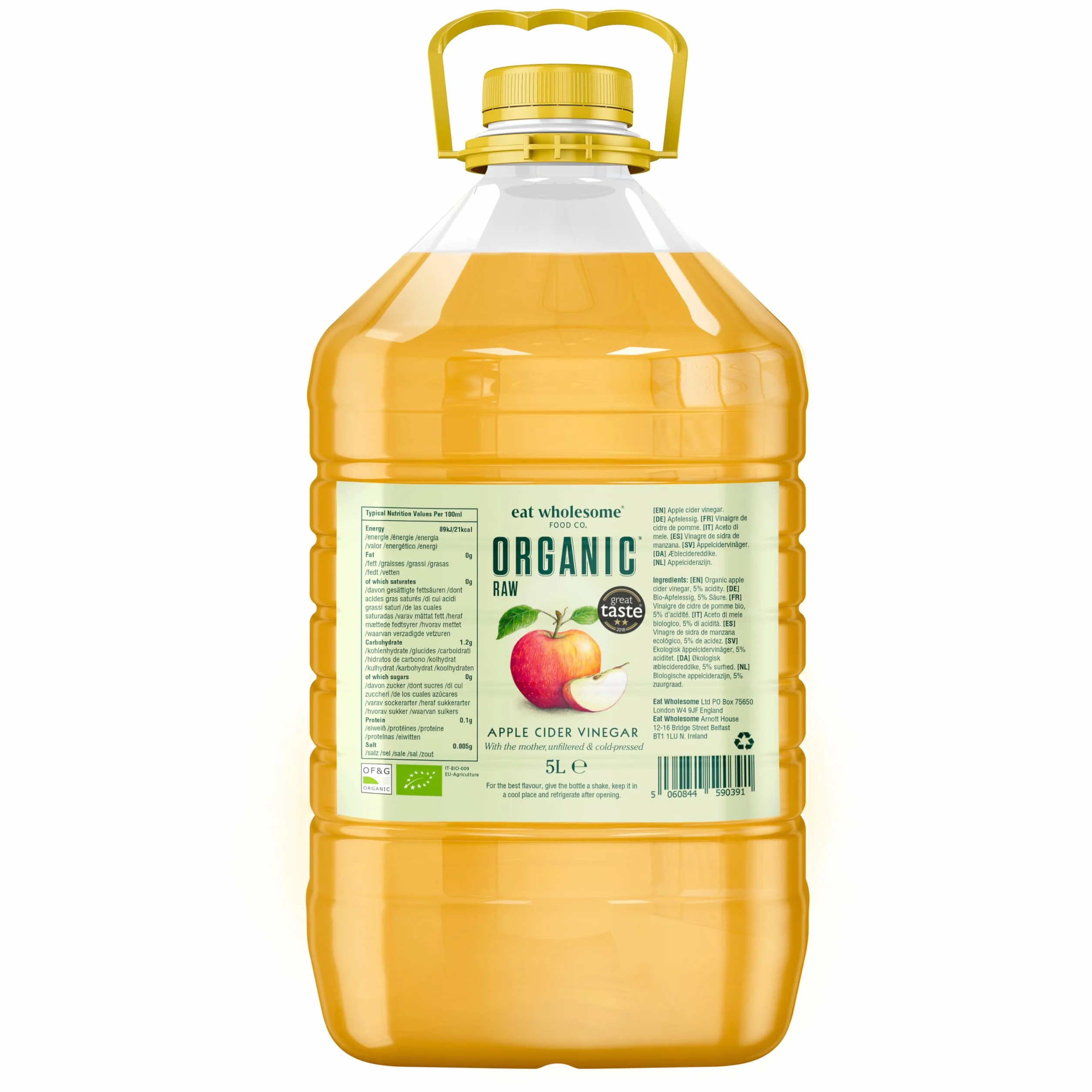 Eat Wholesome Vinaigre De Cidre De Pomme Biologique, 5L - Primé, Non Filtré, Naturellement Fermenté, Avec La Mère, 5% D'acidité, Végétalien