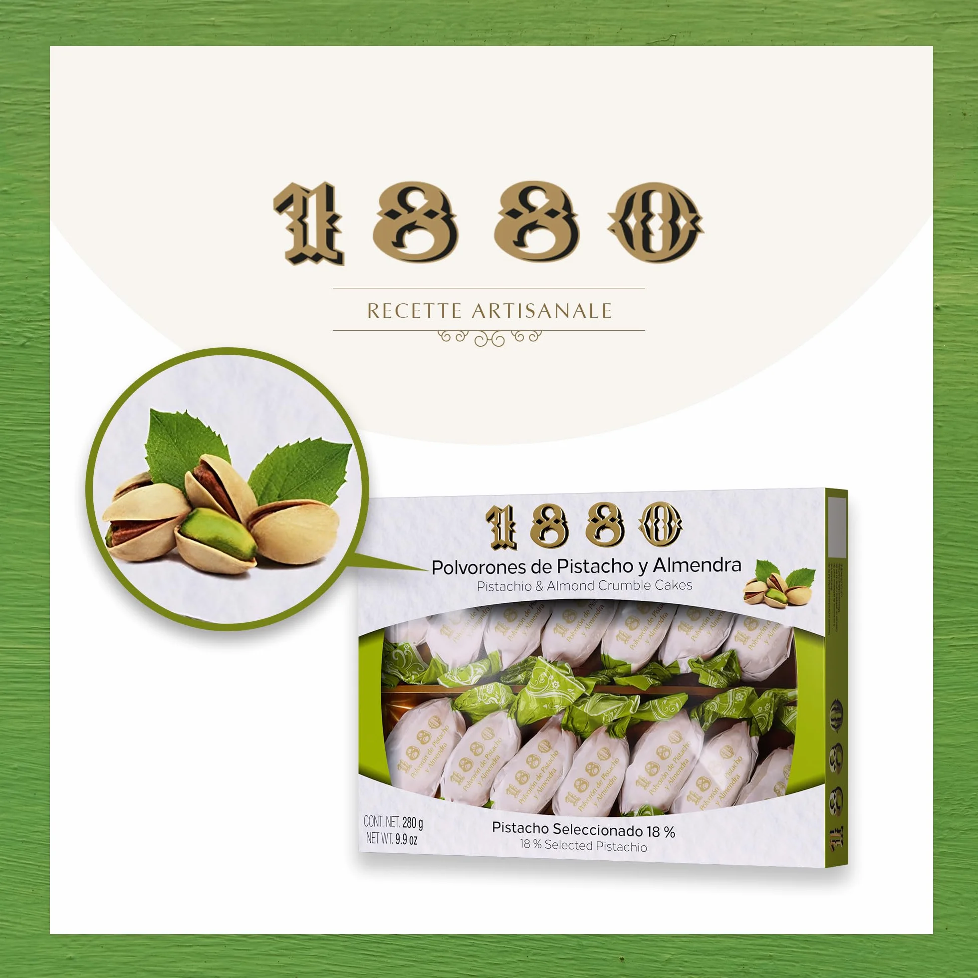 1880 - Sablés aux Pistaches et aux Amandes, Qualité suprême, Friandise Typique de Noël, Recette Artisanale, Emballage Individuel, Sablés Traditionnels, à base d'Amandes Sélectionnées, 280 grammes