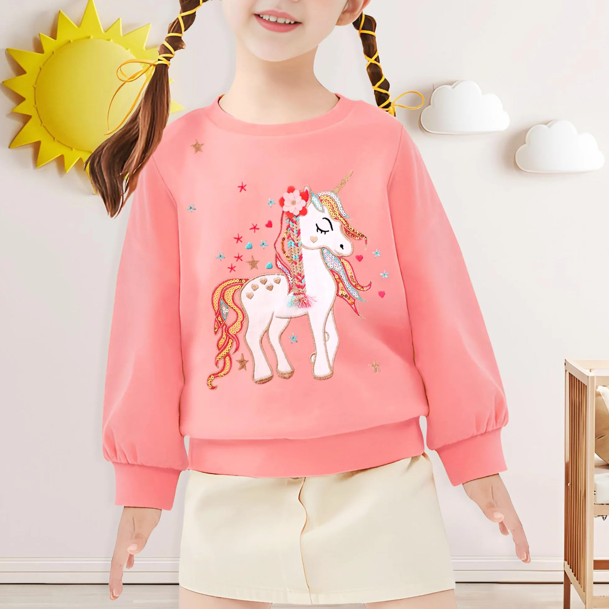 Sweatshirt Enfant Fille Cheval Licorne Arc-en-Ciel Col Rond Coton Gris Rose Manches Longues Casual Tops 2-7 Ans