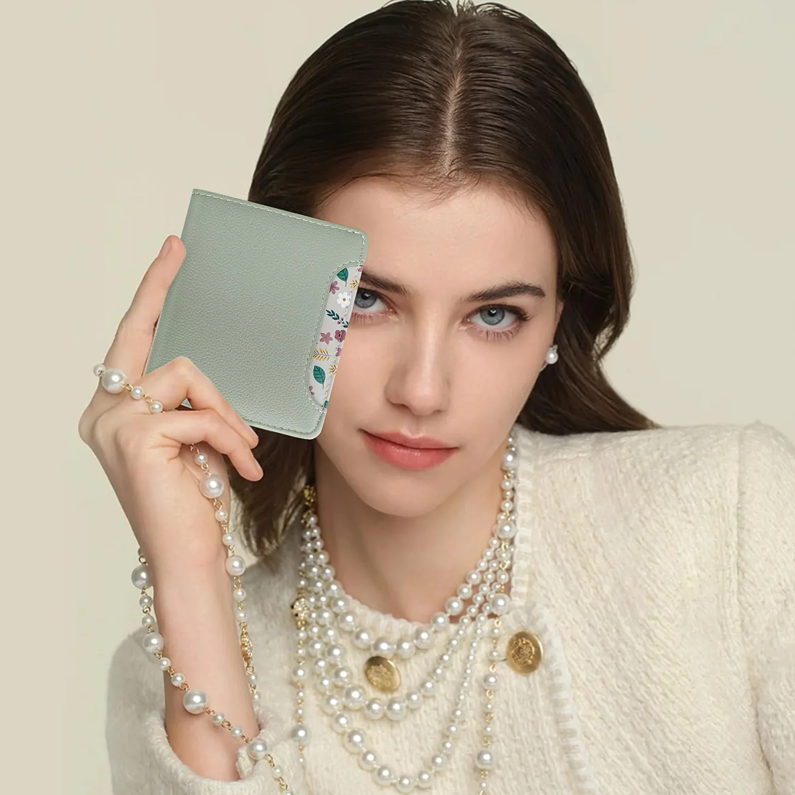 Petit Portefeuille Femme Protection RFID Cuir PU Souple Design Imprimé Léger Pratique Cartes Crédit Menthe Verte