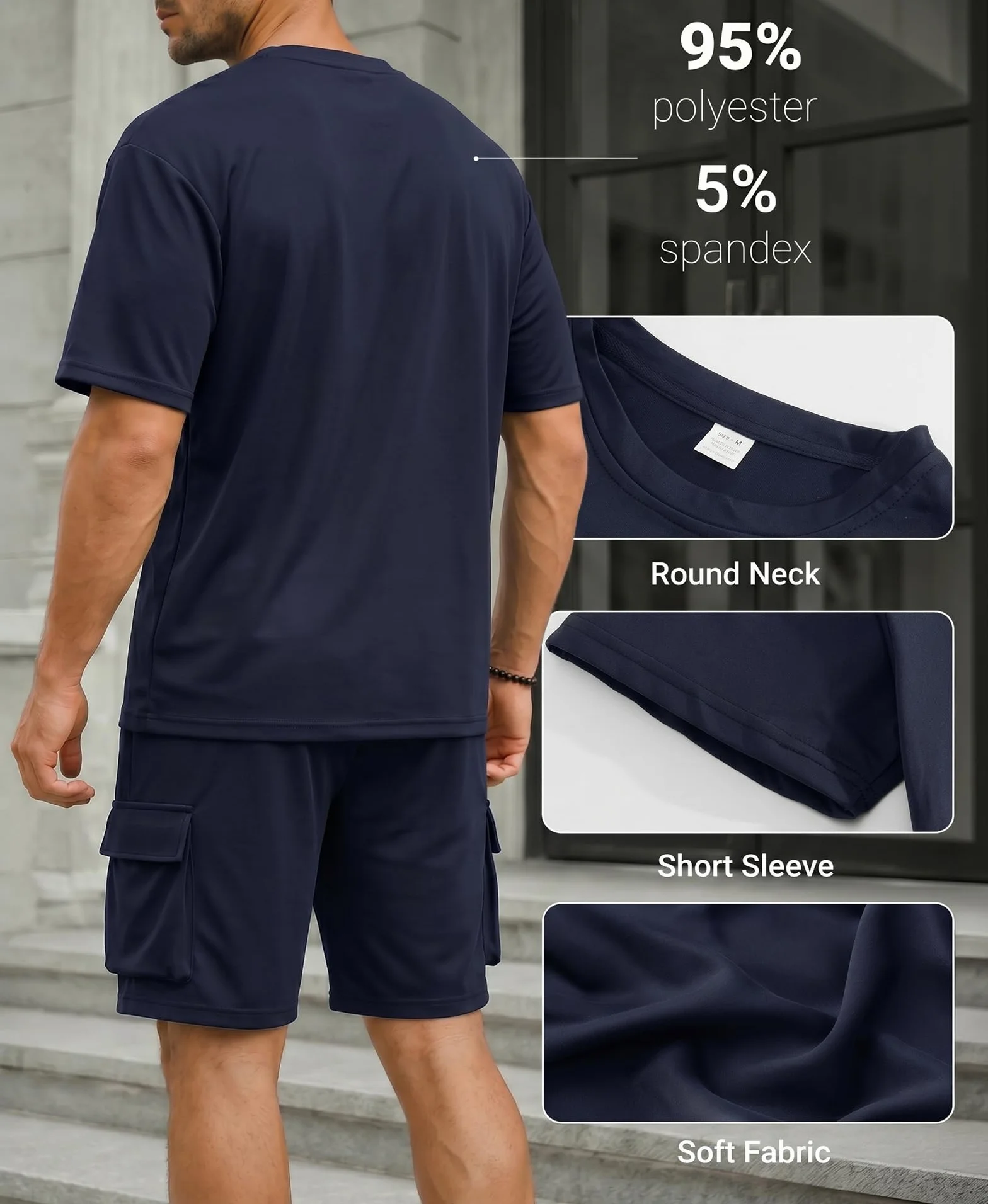 Survêtement Homme 2 Pièces Ensemble T-shirt et Short Cargo avec Poches