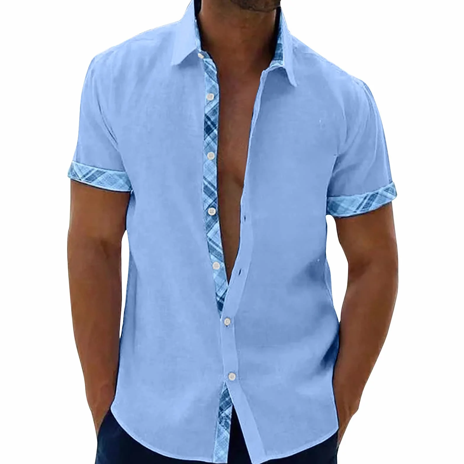 Chemise Homme Cotton Lin Manches Courtes D'Été Col Mao Button Down