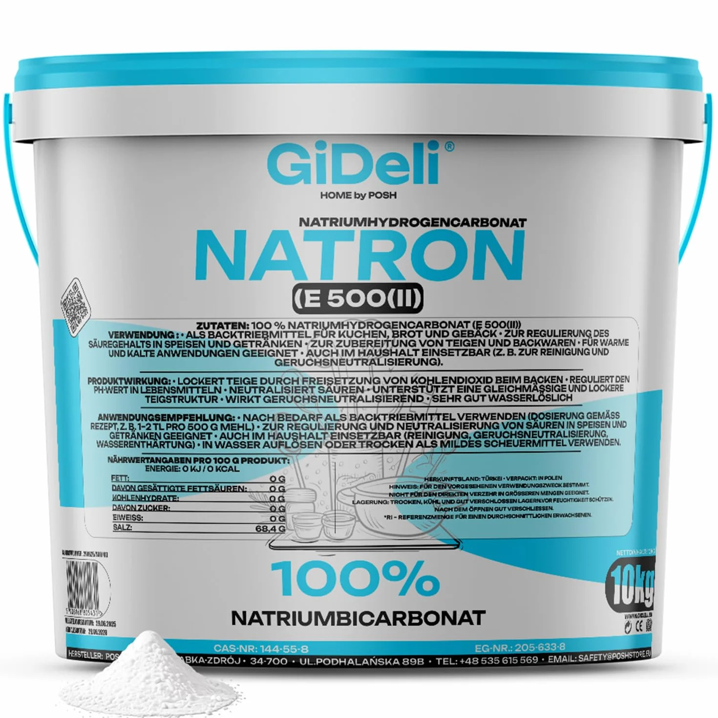 GiDeli Bicarbonate de Soude Qualité Alimentaire 10kg - Poudre de bicarbonate de sodium sans additifs - Idéal pour cuisiner, pâtisser, laver et nettoyer - Utilisation polyvalente dans la maison