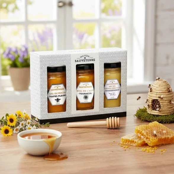 Coffret cadeau 3 miels de France et cuillère à miel - Coffret cadeau 3x125g