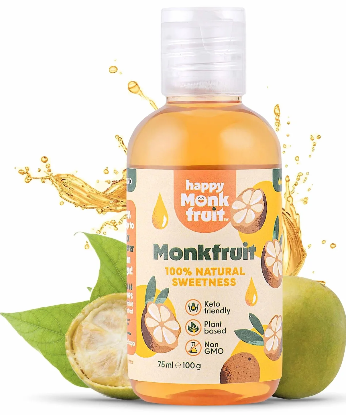 Fruit du Moine Édulcorant 75ml Gouttes, 250 Portions, 15x Plus Sucré que le Sucre - Monk Fruit Pur Sans Érythritol ni Stévia - Substitut du Sucre Naturel, Keto, Végan | Happy Monkfruit®