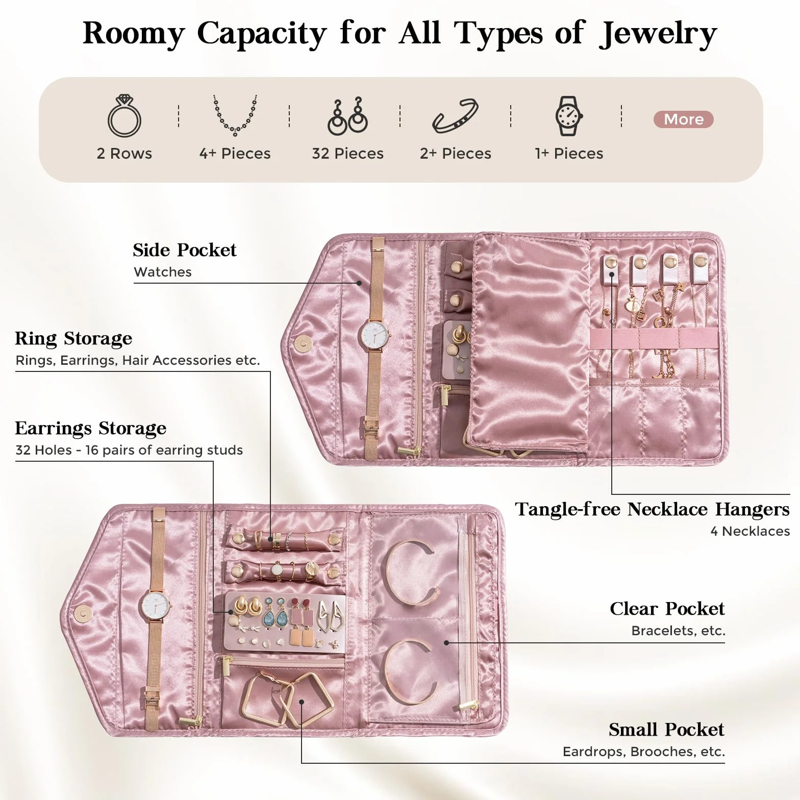 Lolalet Trousse Bijoux Voyage Pliable Rouleau Bijoux Velours avec Pochette de Rangement pour Colliers Boucles d'Oreilles Bagues Bracelets Rose