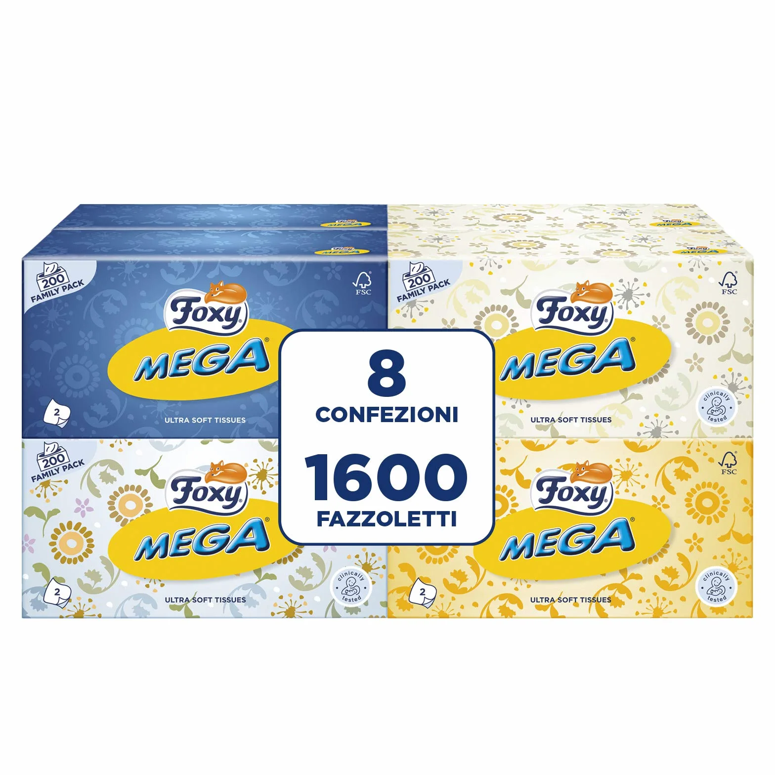 Foxy Mega | Mouchoirs en boîte | 8 boîtes de 200 mouchoirs 2 plis | 4 couleurs assorties | Papier 100% certifié FSC® | Emballage 100% recyclable