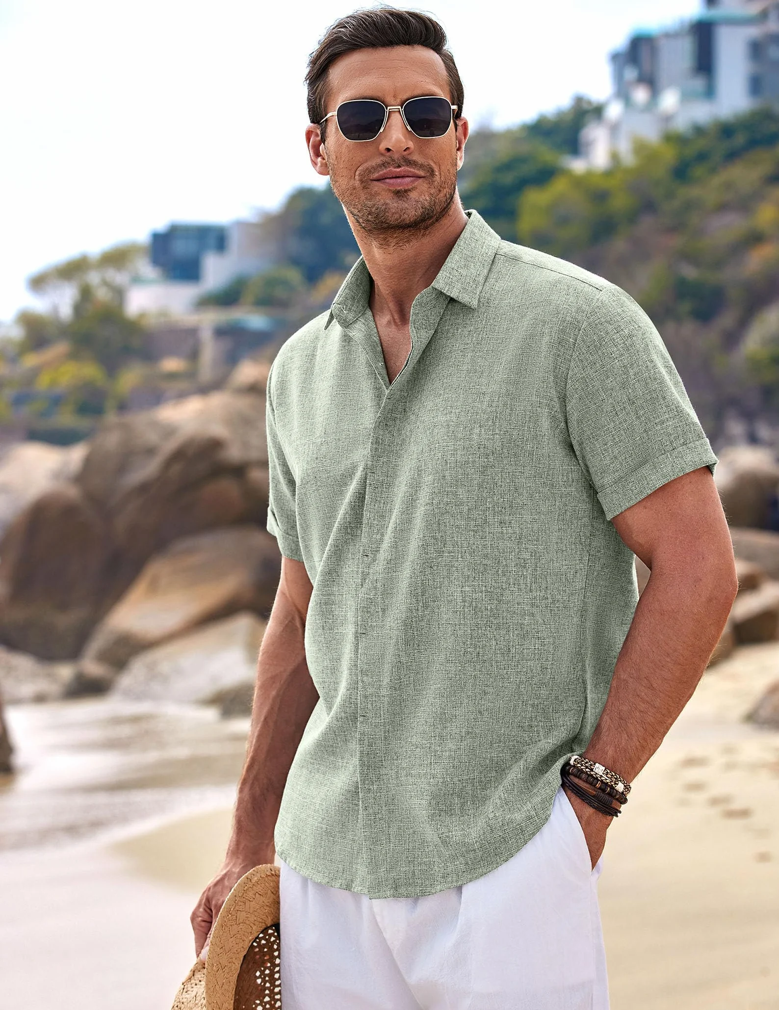 COOFANDY Chemise en Lin pour Hommes Manches Courtes Boutonnée Coupe régulière Chemise d'été de Plage