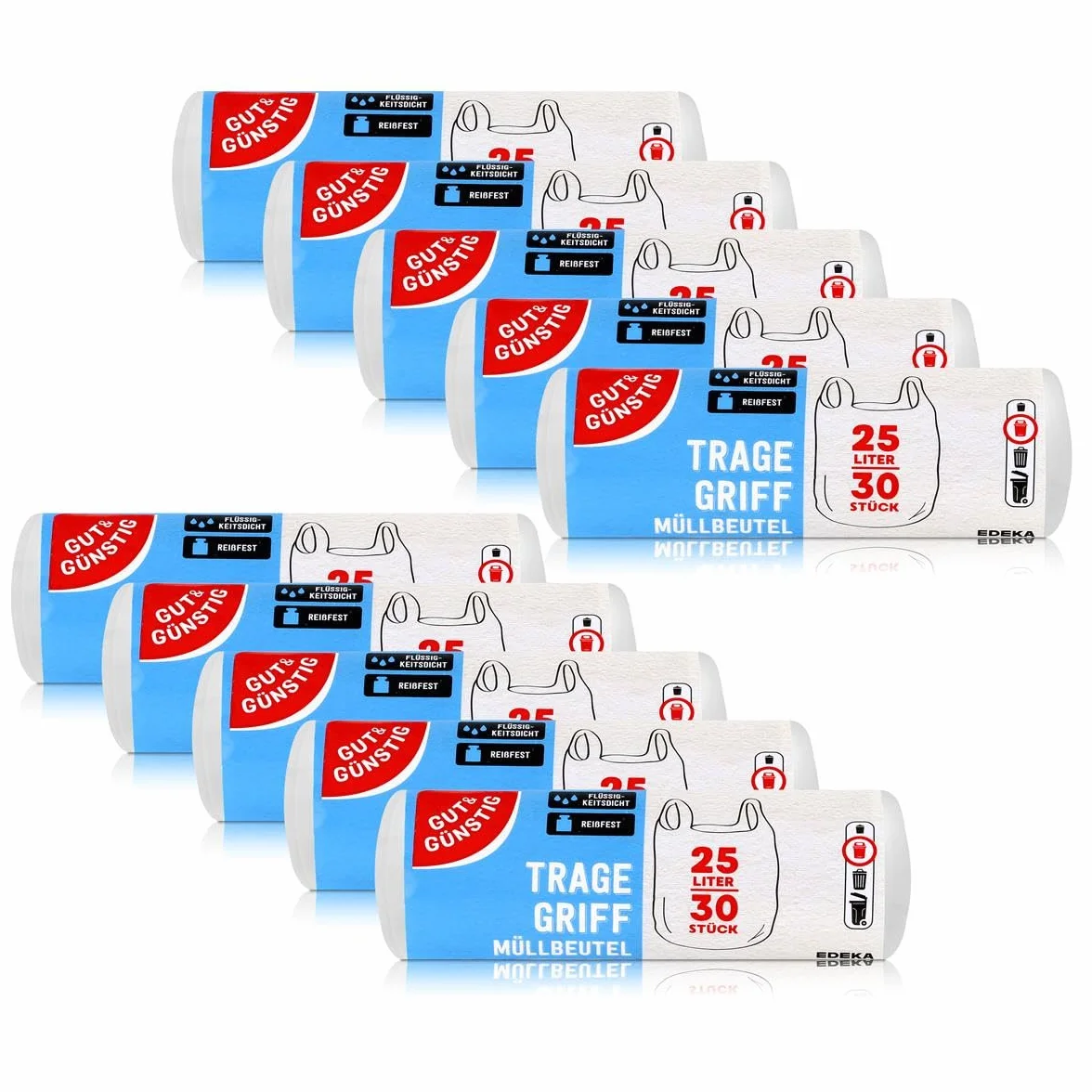 Lot de 300 sacs poubelle avec poignée de transport 25 litres - 30 sacs par rouleau - Résistants à la déchirure et aux liquides - Produit et emballage recyclables, Lot de 10