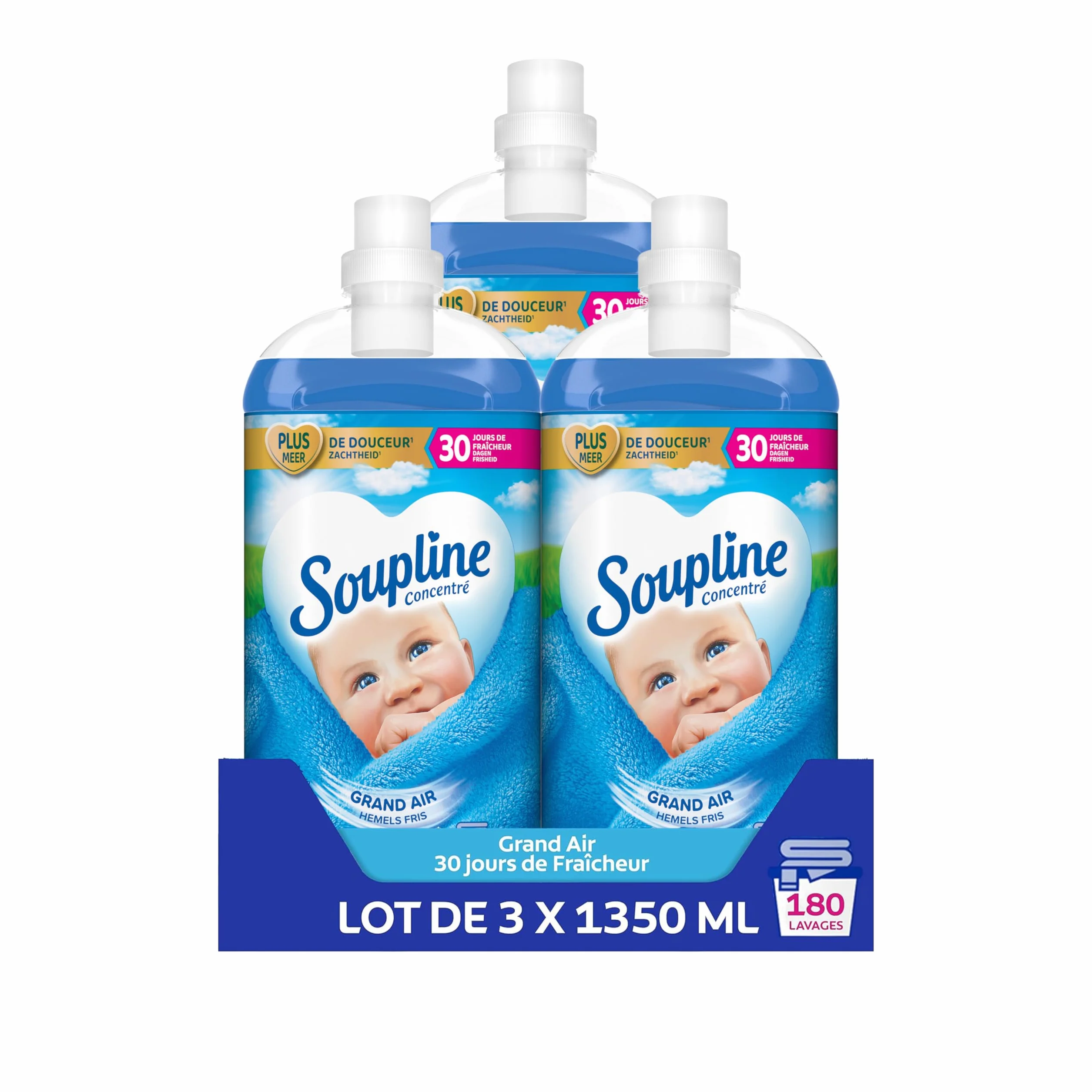 SOUPLINE - Adoucissant Linge Concentré 3D Grand Air , Assouplissant Linge Formule Améliorée pour Plus de Douceur*, Assouplissant Textile Liquide , Soupline Lot de 3x1,35L