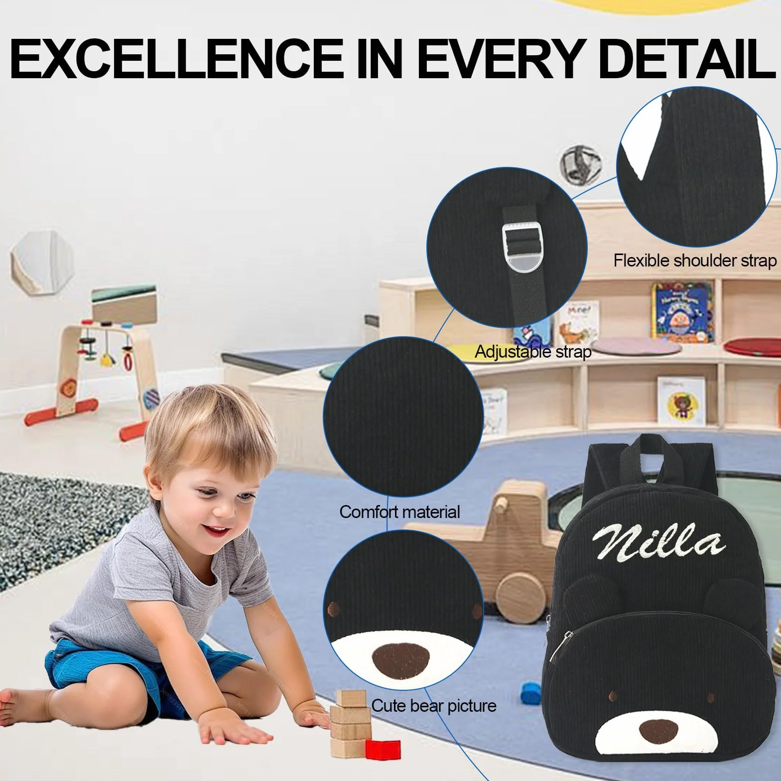 Sac à Dos Enfant Personnalisé Broderie Prénom Velours Côtelé Ours Maternelle Fille Garçon