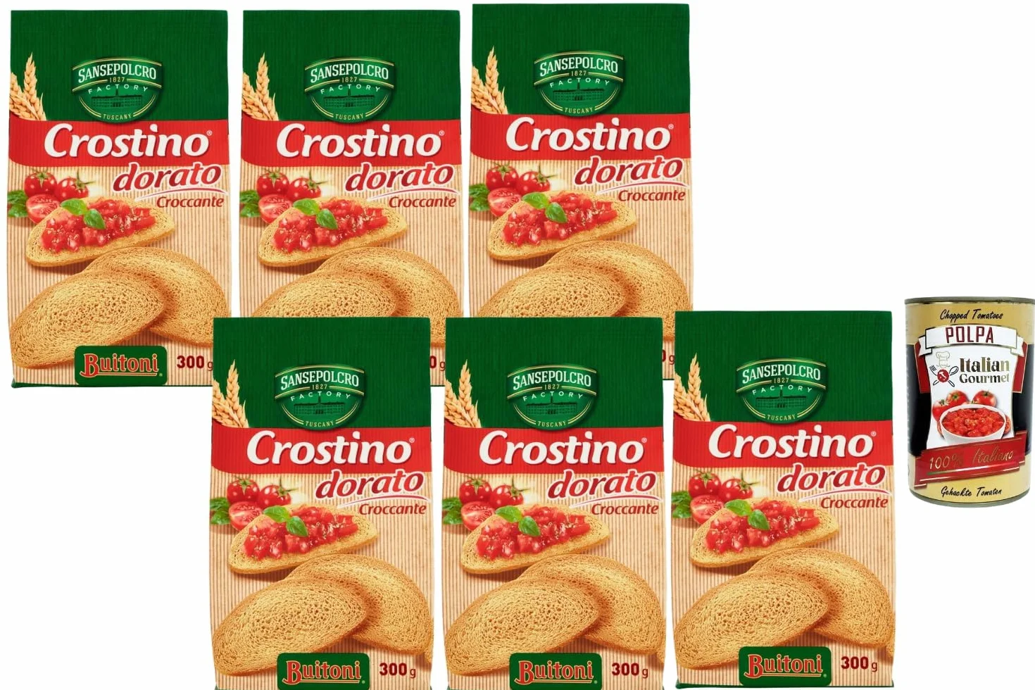 Italian Gourmet Bundle 6x Crostino Dorato Croccante 300g Biscottes Bruschetta Toast Apéritif Antipasti Ultra Croustillant Idéal Tartinables Tomate Fromage + Italian Gourmet Polpa