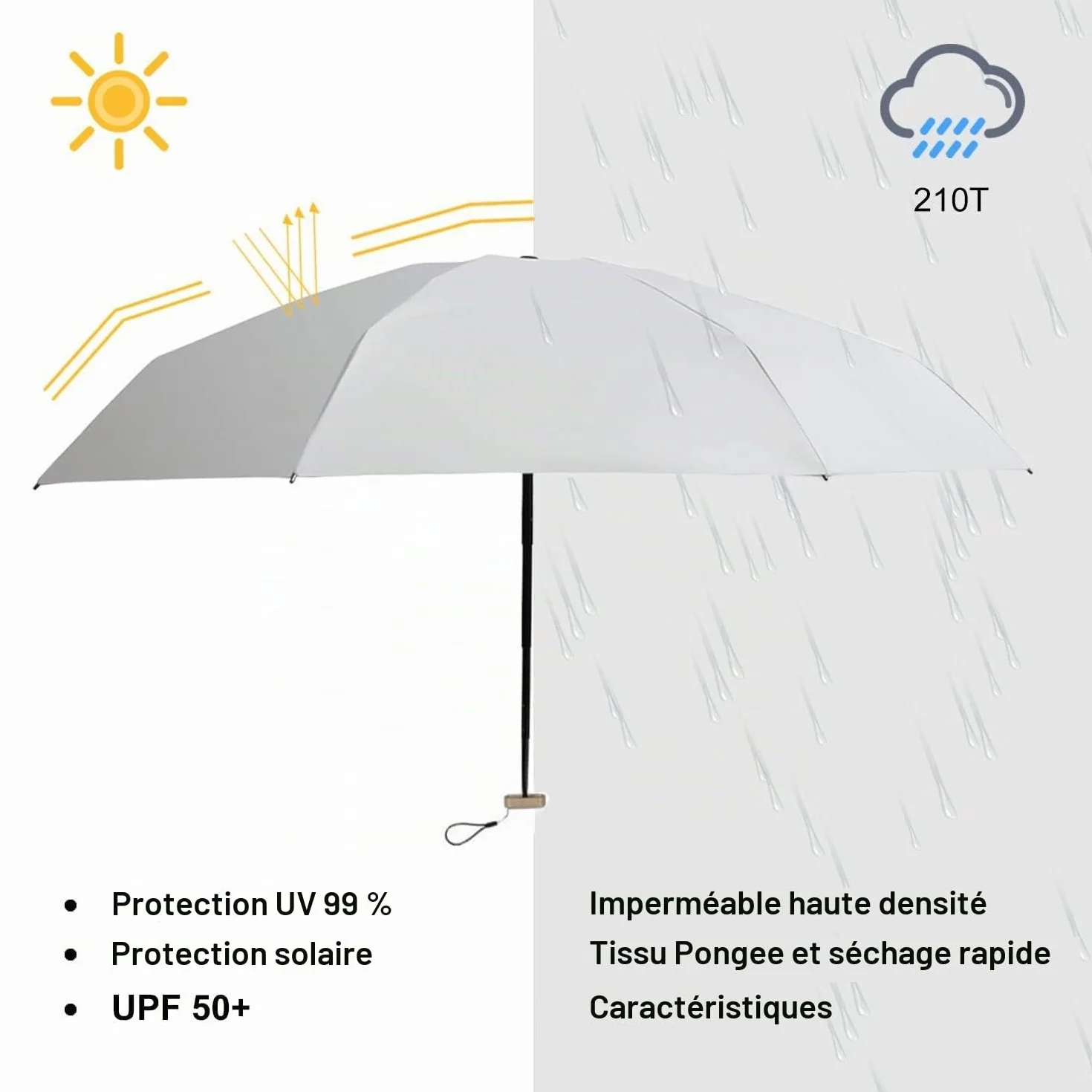 Parapluie pliant ultra léger de poche blanc crème imperméable coupe-vent