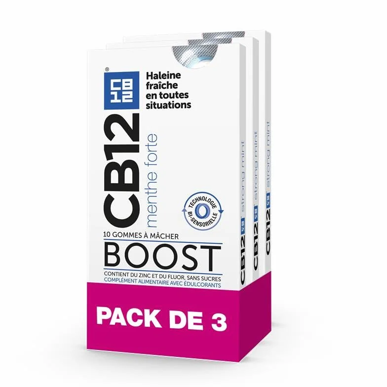 Gomme à mâcher CB12 Boost Menthe forte sans sucres – Lot de 30 chewing-gum haleine fraîche