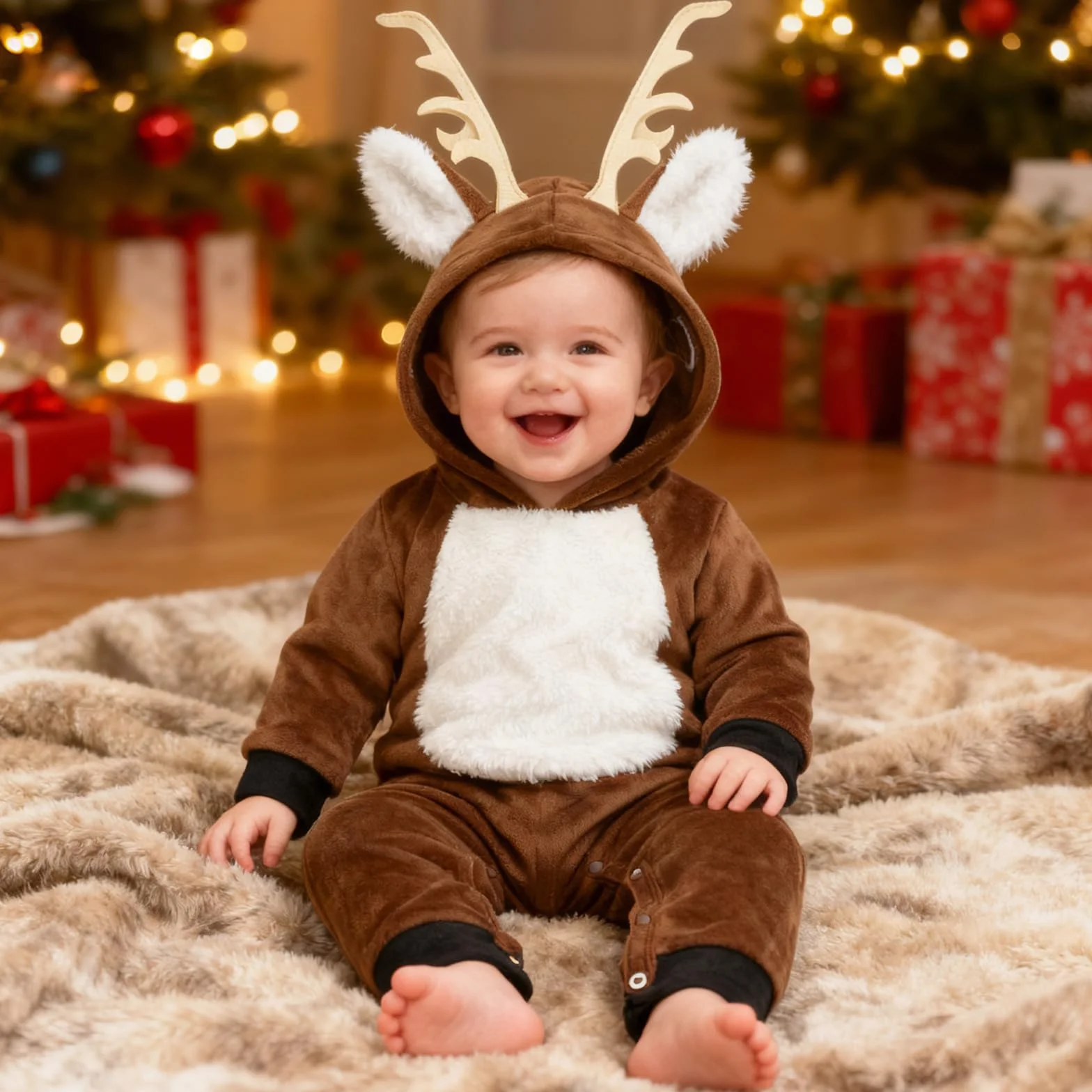 Deguisement Renne Bebe Garcon Fille Grenouillere Capuche Velours Chaud Hiver Tenue Noel Halloween 0-24 Mois