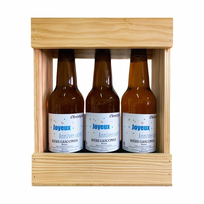 Coffret biere BRASSERIE GASCONHA + Caisse bois - Coffret degustation biere avec etiquette bouteille personnalisable pour prénom, logo, message… [ Coffret de biere a offrir ] (Blonde, 3x33 CL)